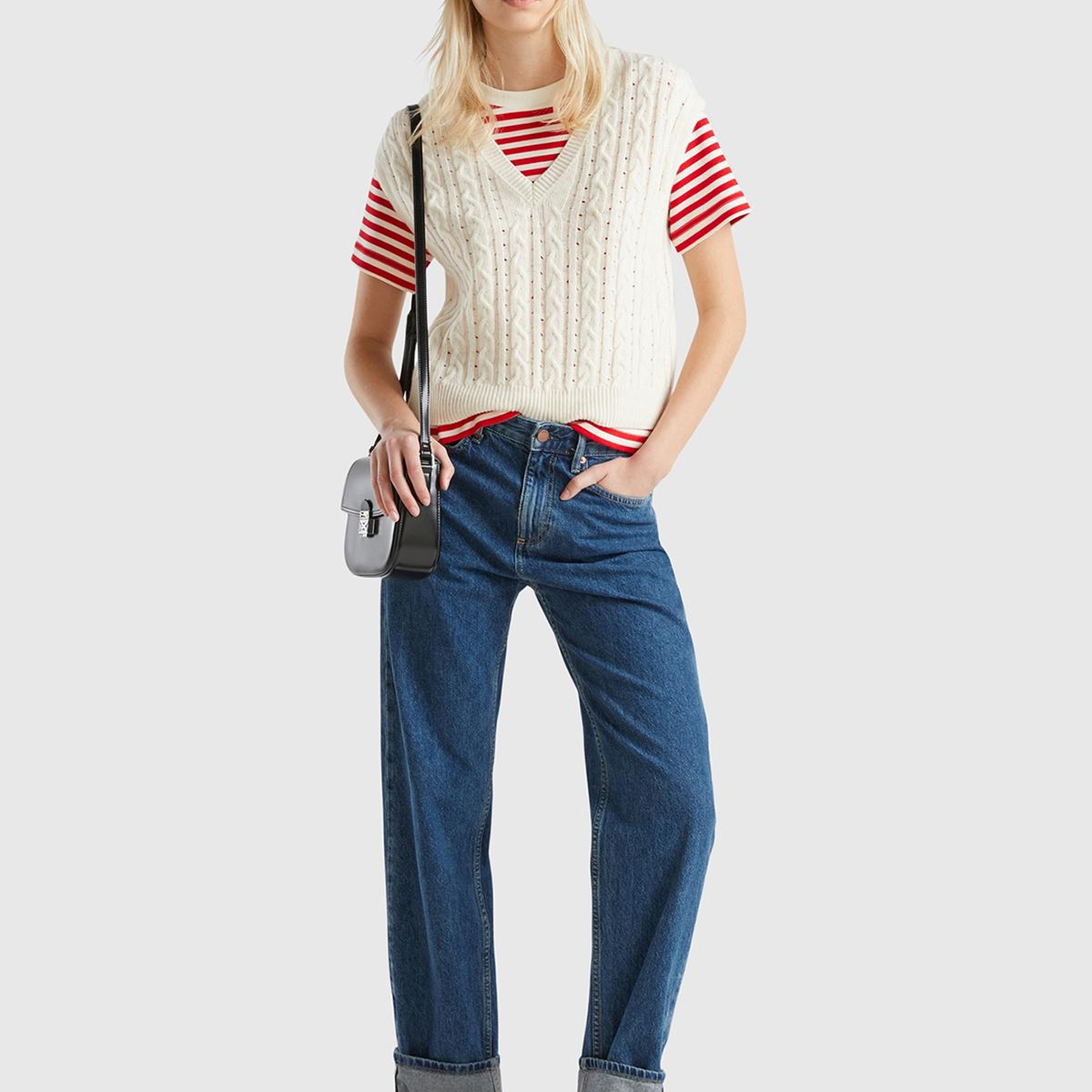 Kadın Krem Yün Karışımlı Örgü Detaylı V Yaka Kazak