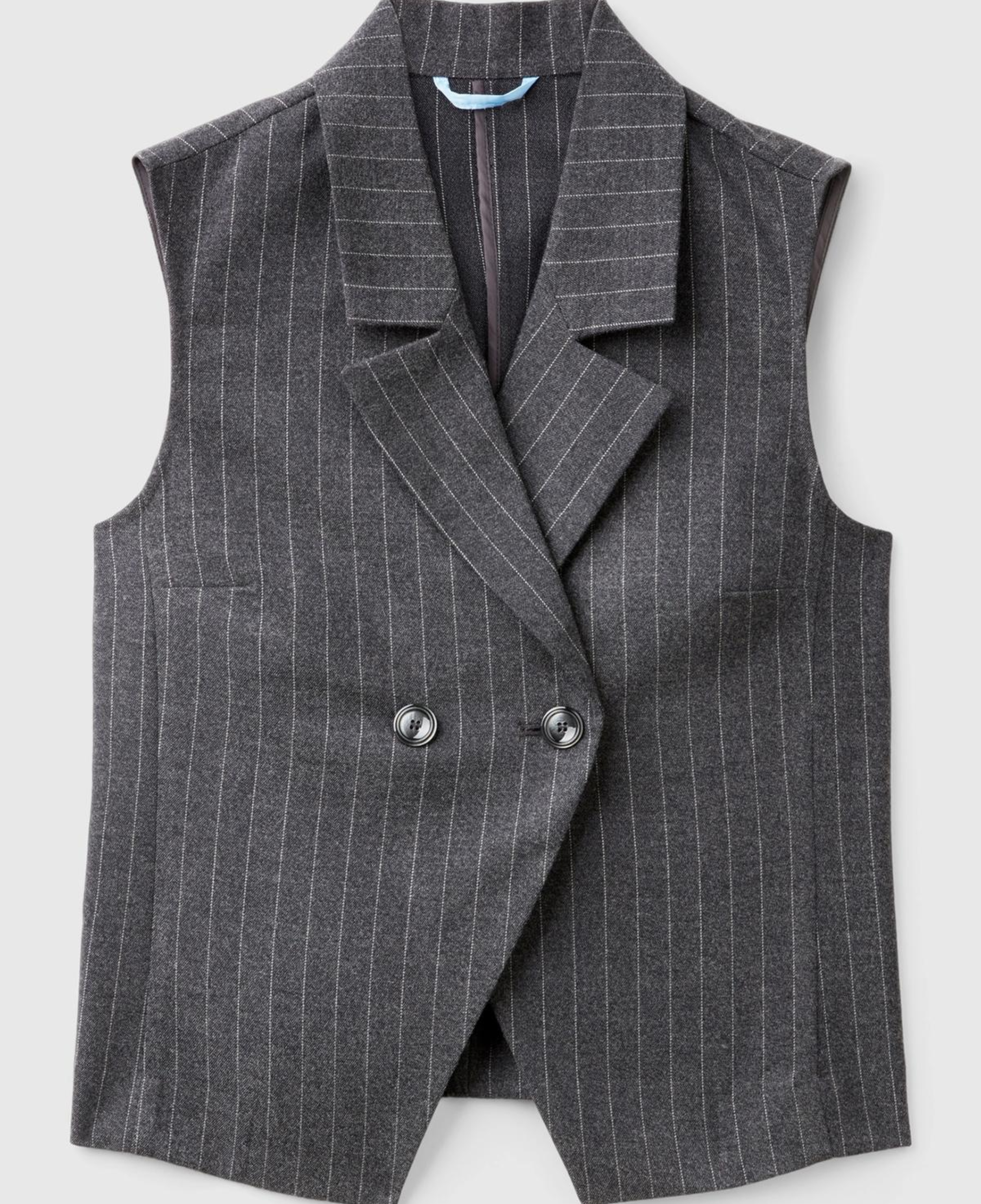 Kadın Antrasit Viskoz Karışımlı Düğmeli Çizgili Sivri Yaka Kruvaze Yelek