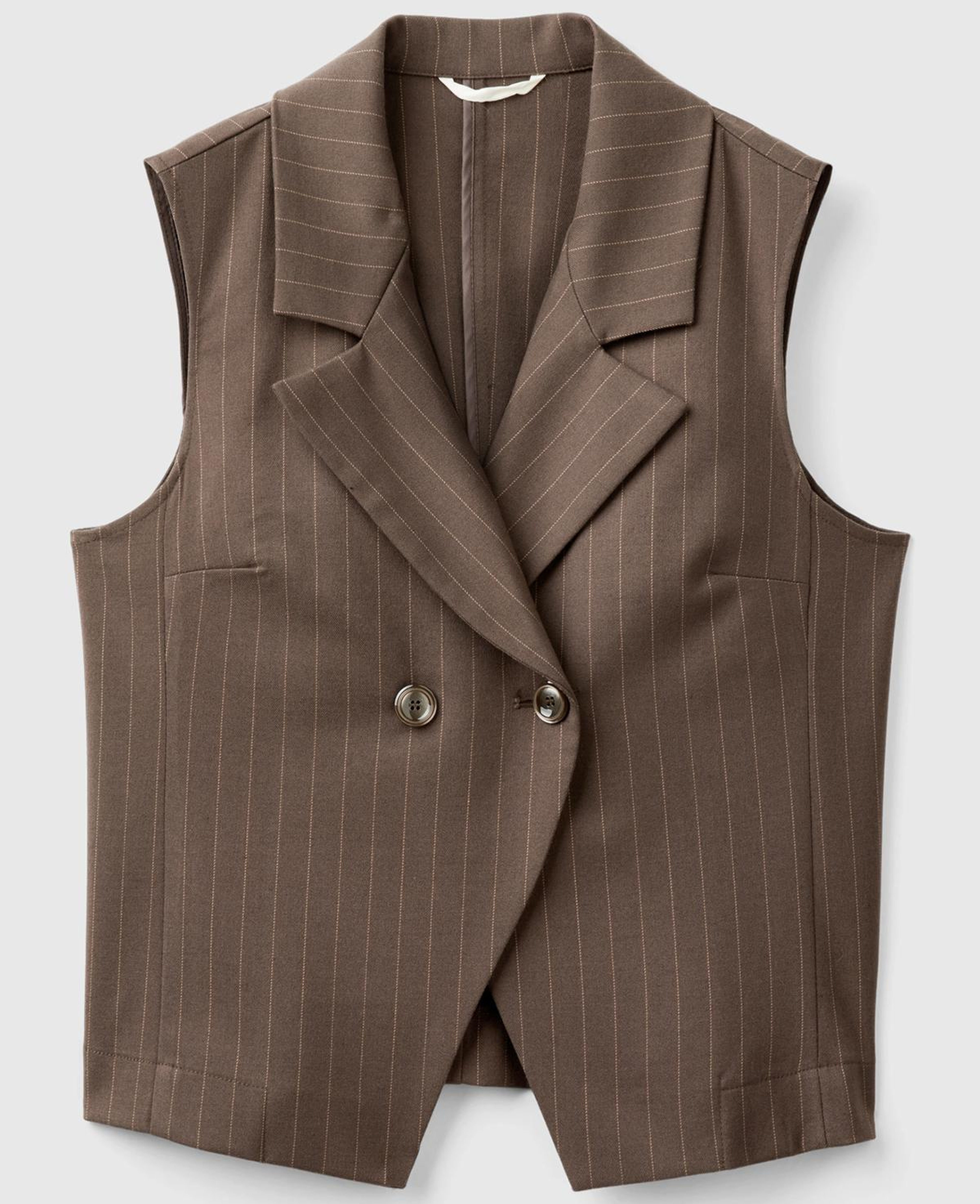 Kadın Taba Viskoz Karışımlı Düğmeli Çizgili Sivri Yaka Kruvaze Yelek