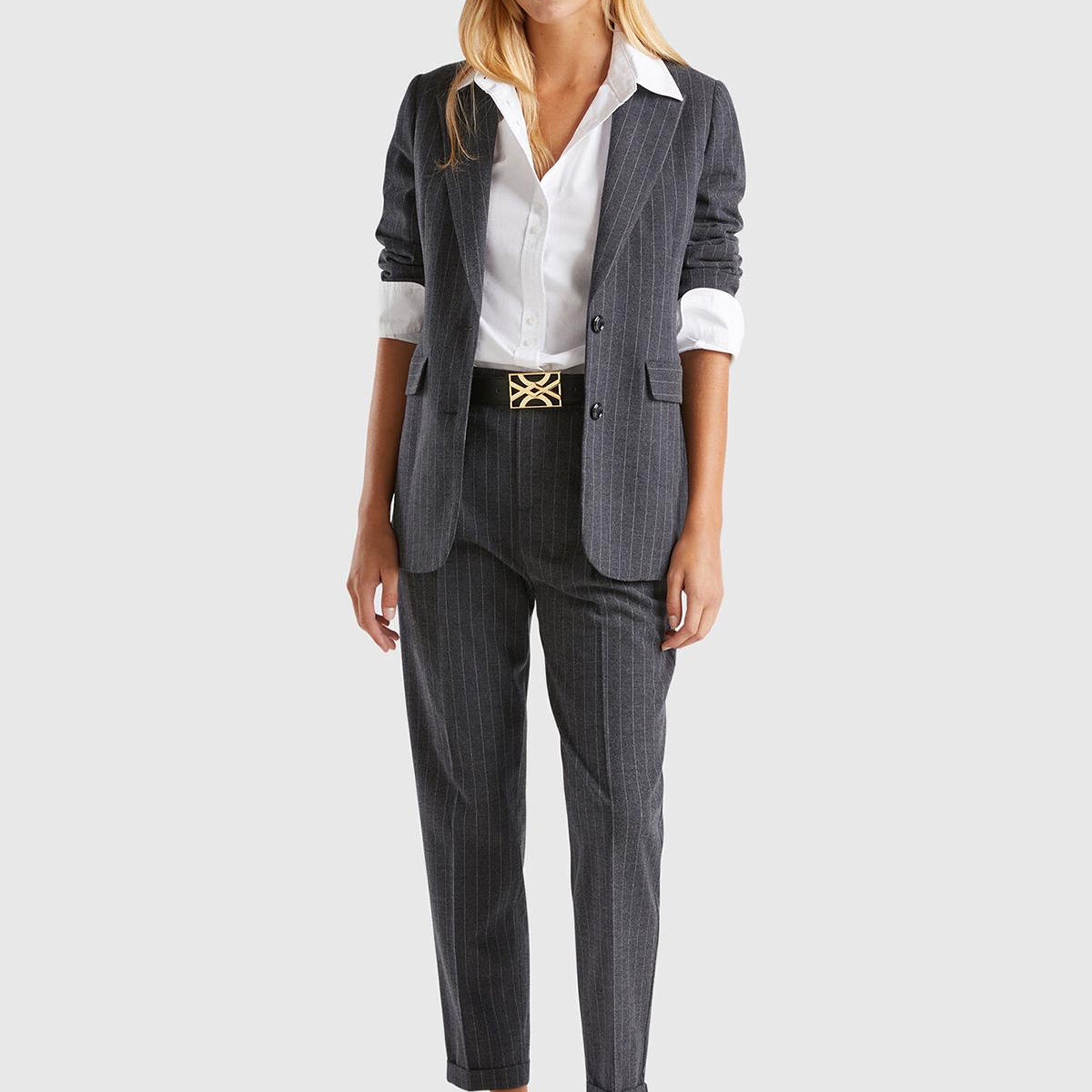 Kadın Antrasit Viskoz Karışımlı Düğme Kapamalı Çizgili Sivri Yaka Blazer Ceket