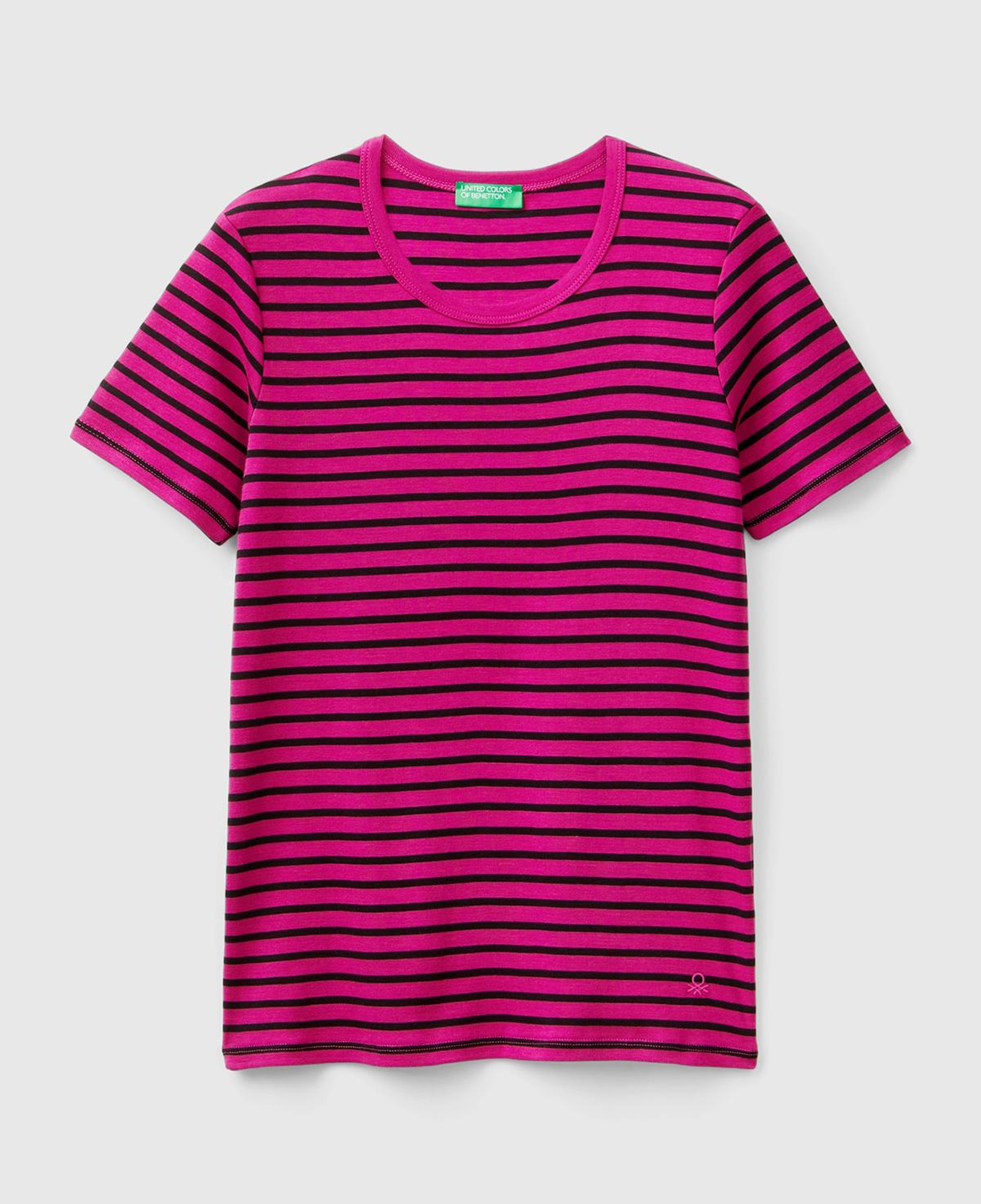 Kadın Mor Mix %100 Pamuk Sol Altı Logolu Çizgili Yuvarlak Yaka T-Shirt