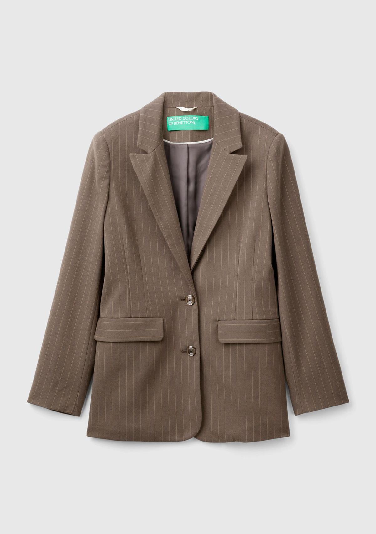 Kadın Taba Viskoz Karışımlı Düğme Kapamalı Çizgili Sivri Yaka Blazer Ceket