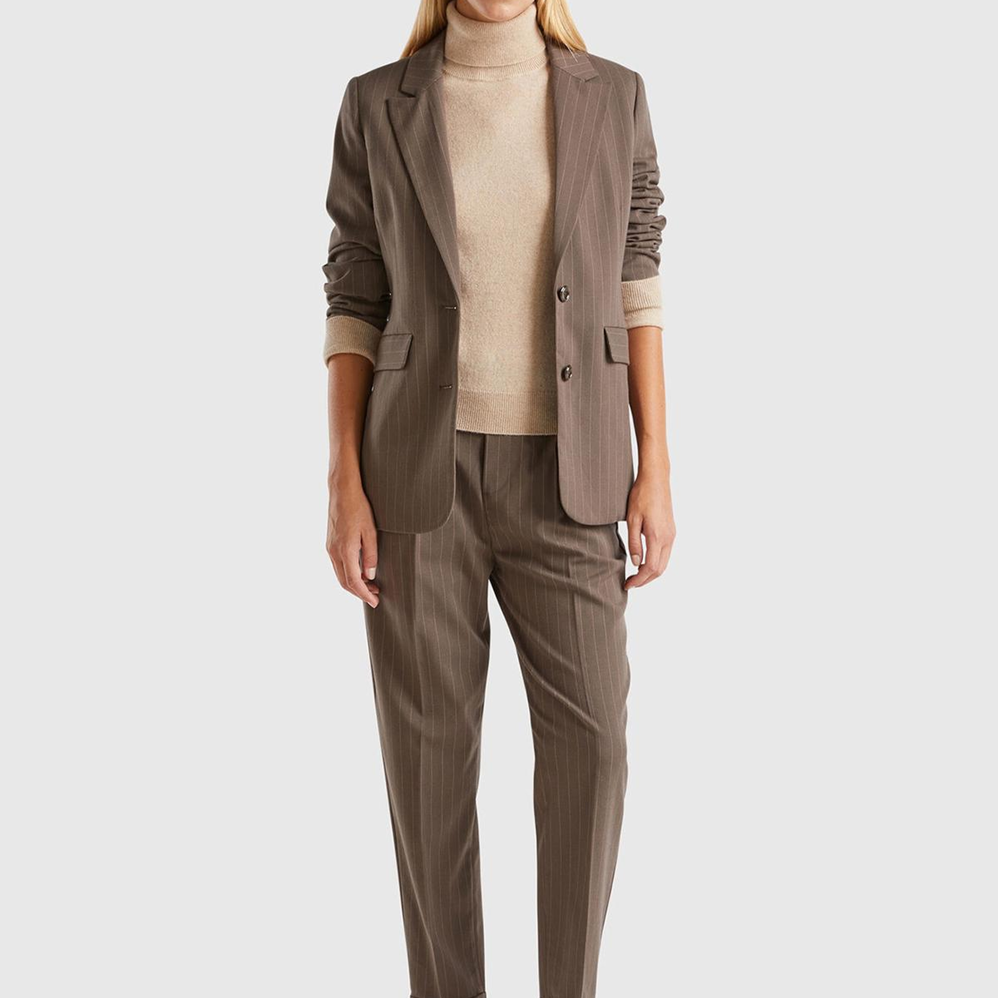 Kadın Taba Viskoz Karışımlı Düğme Kapamalı Çizgili Sivri Yaka Blazer Ceket