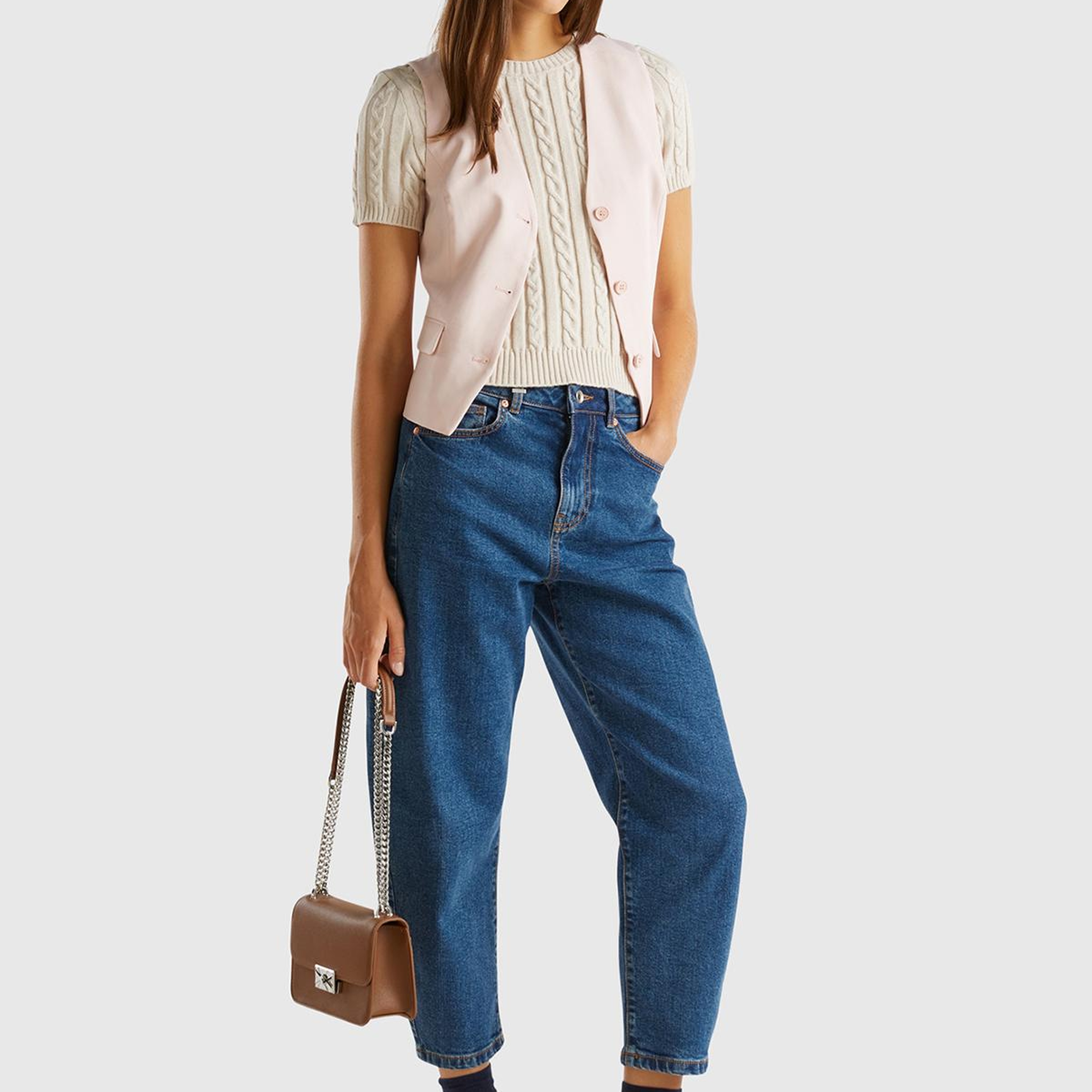 Kadın Toz Pembe Kapaklı Cep Tasarımı 3 Düğmeli V Yaka Yelek