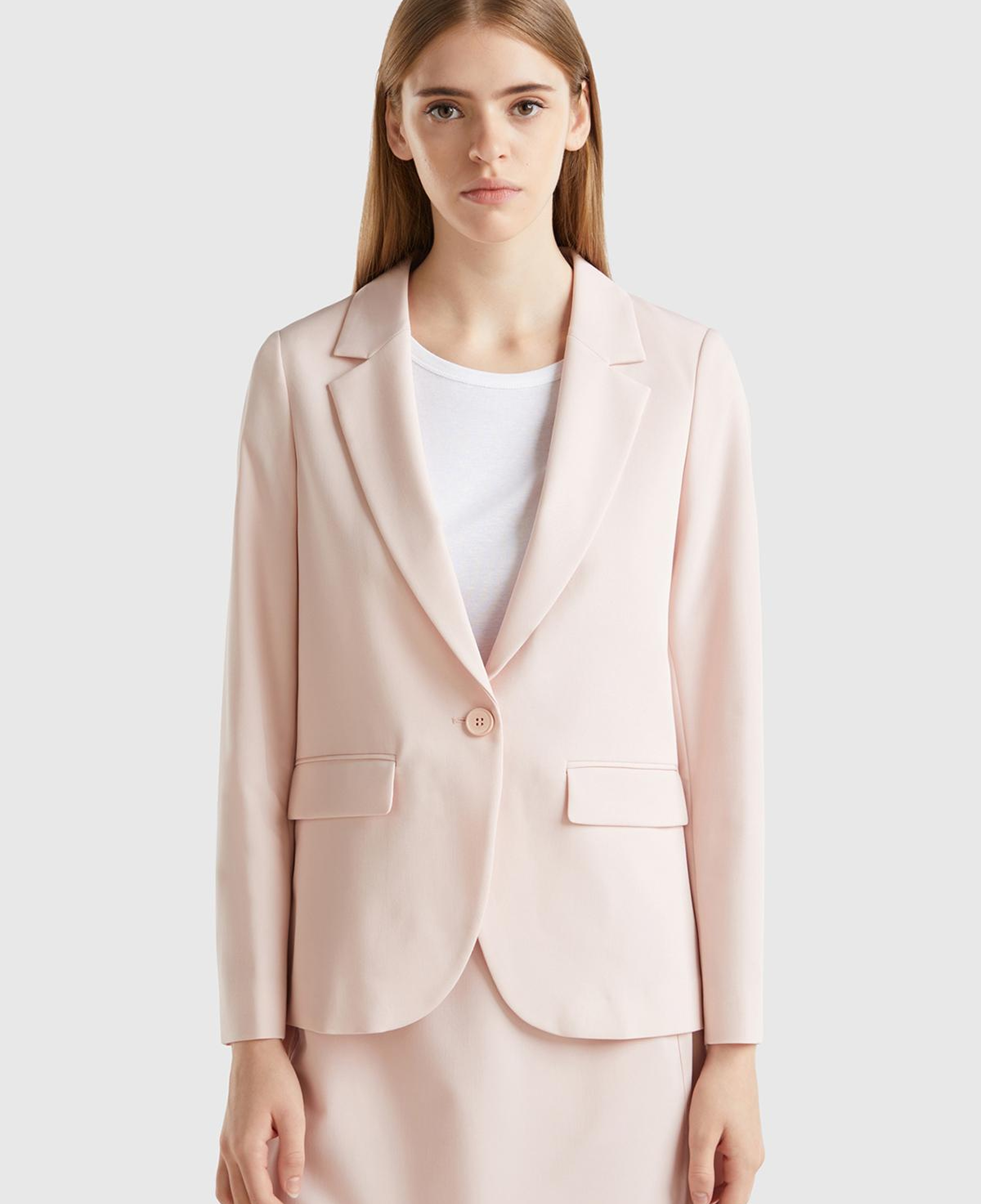 Kadın Toz Pembe Poliviskoz Tek Düğmeli Kırlangıç Yaka Blazer Ceket