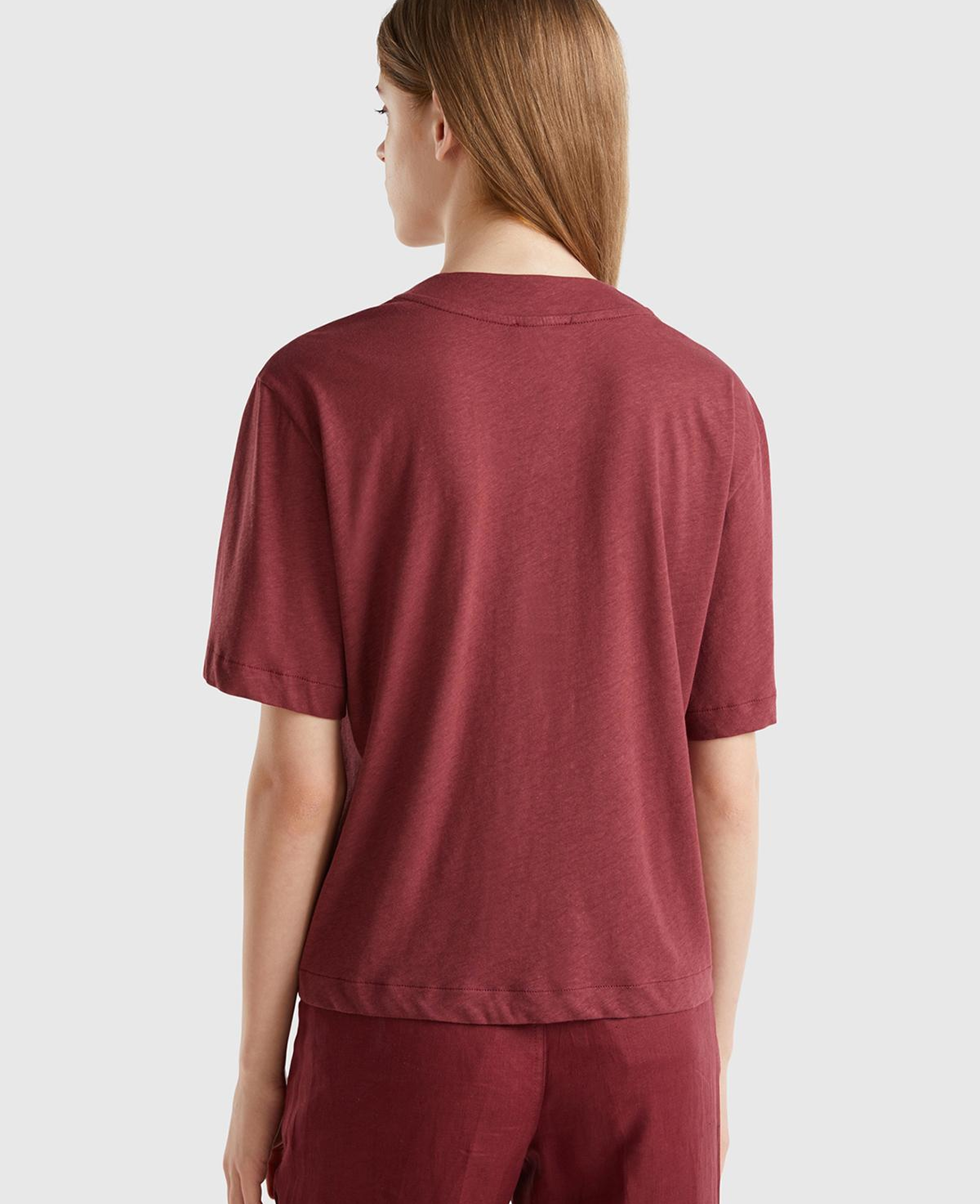 Kadın Bordo Pamuk ve Keten Karışımlı Yarım Kollu V Yaka Hırka