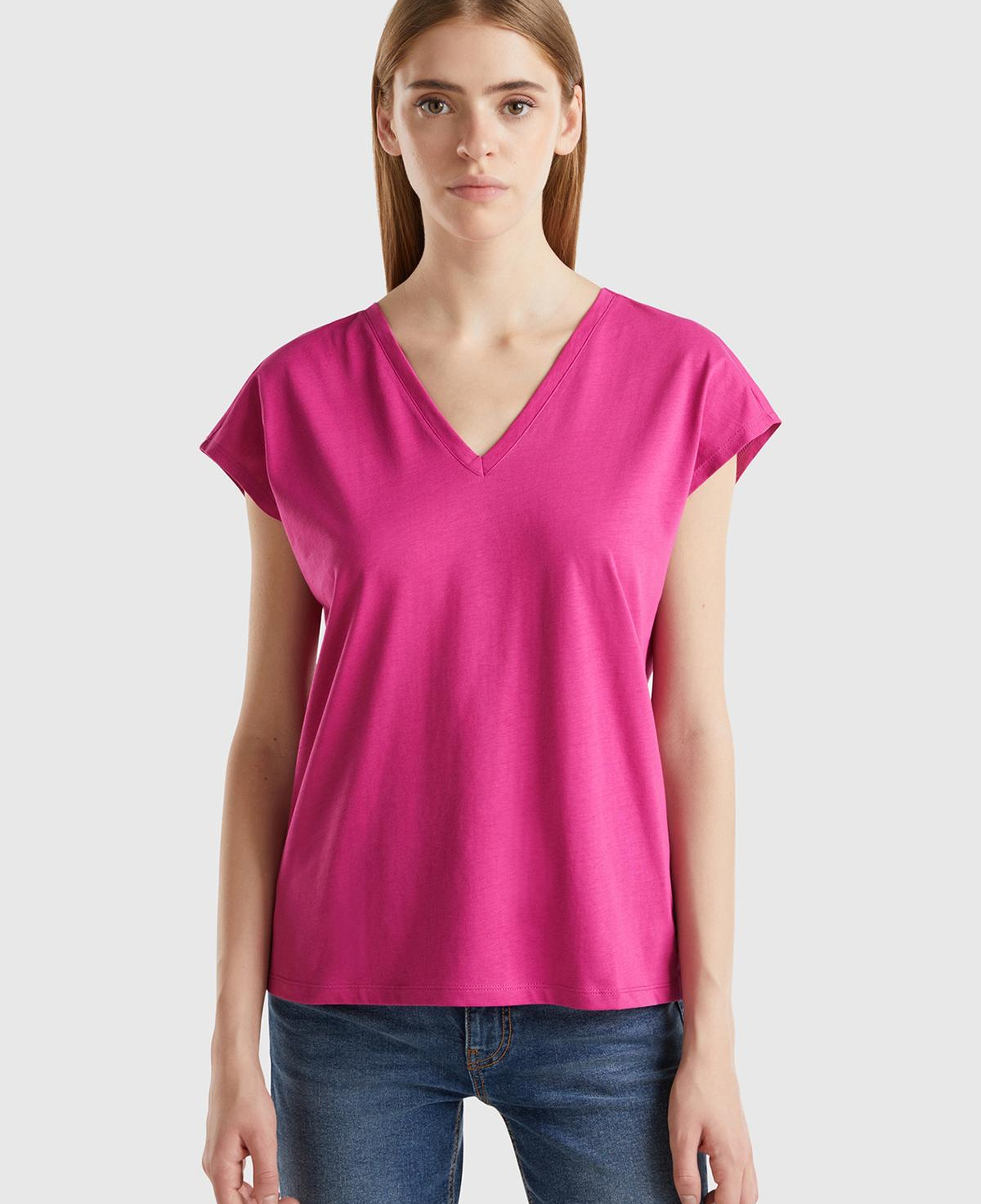 Kadın Fuşya %100 Pamuk Önü ve Arkası V Yaka Düz Kesim Kolsuz Sweatshirt