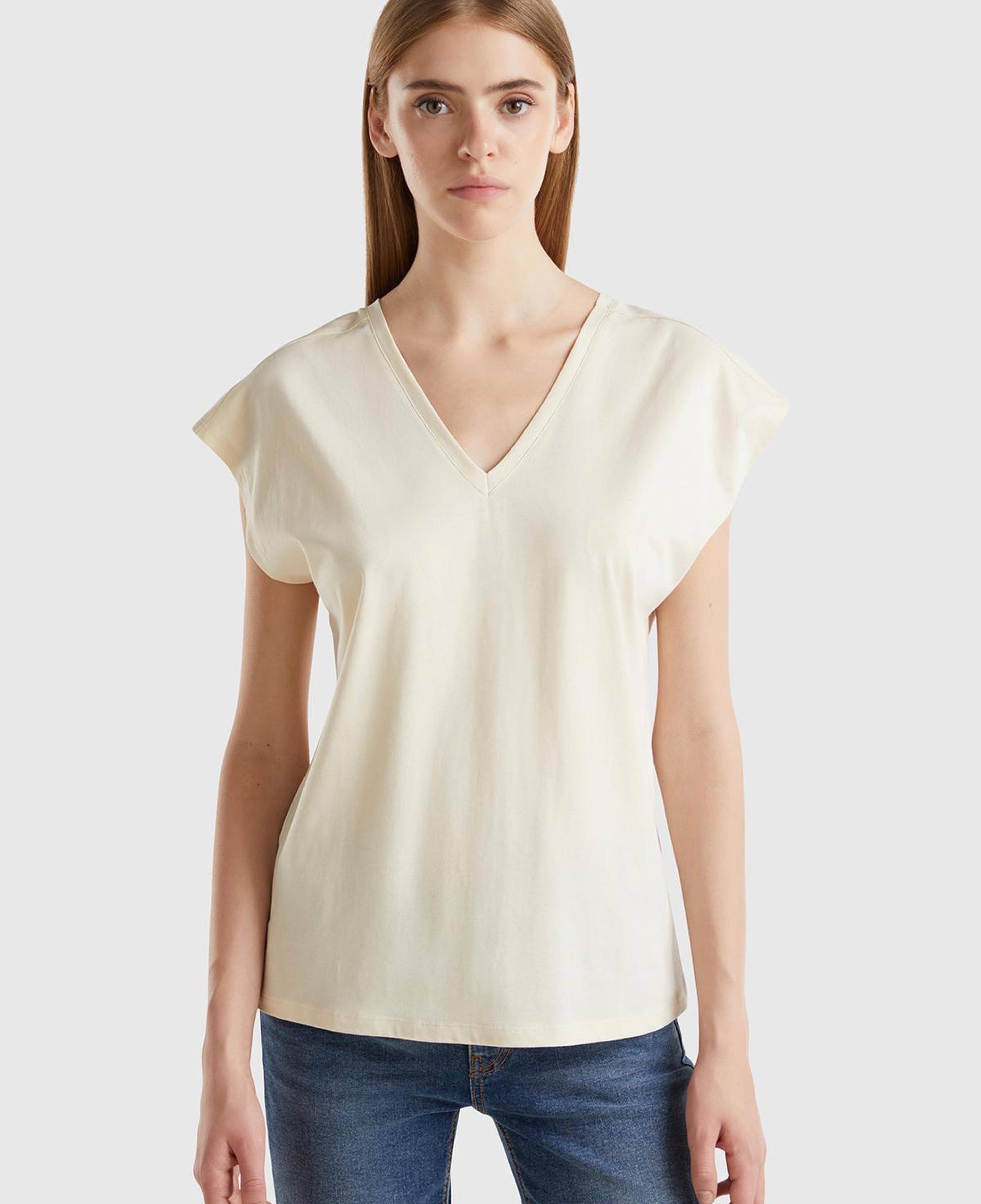Kadın Krem %100 Pamuk Önü ve Arkası V Yaka Düz Kesim Kolsuz Sweatshirt
