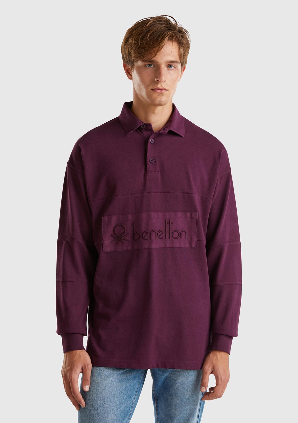 Erkek Bordo %100 Pamuk Önü Logo Detaylı Düğmeli Polo Yaka T-Shirt