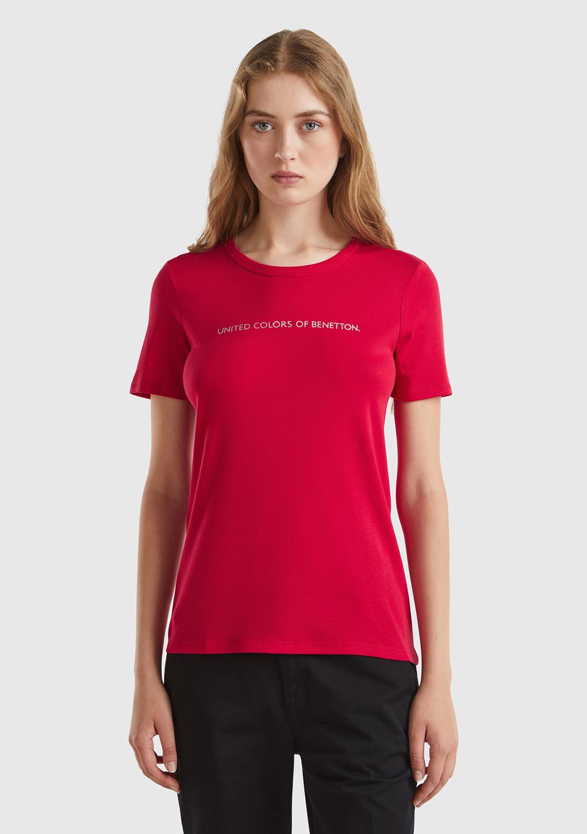 Kadın Kırmızı %100 Koton Benetton Yazılı Basic T-Shirt