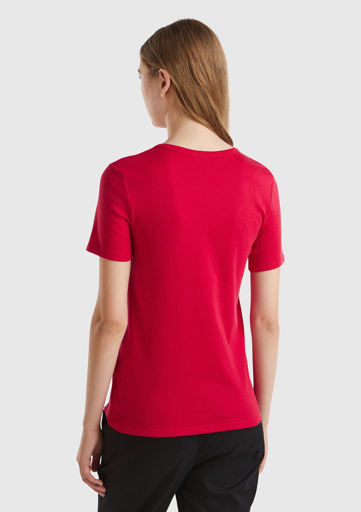 Kadın Kırmızı %100 Koton Benetton Yazılı Basic T-Shirt