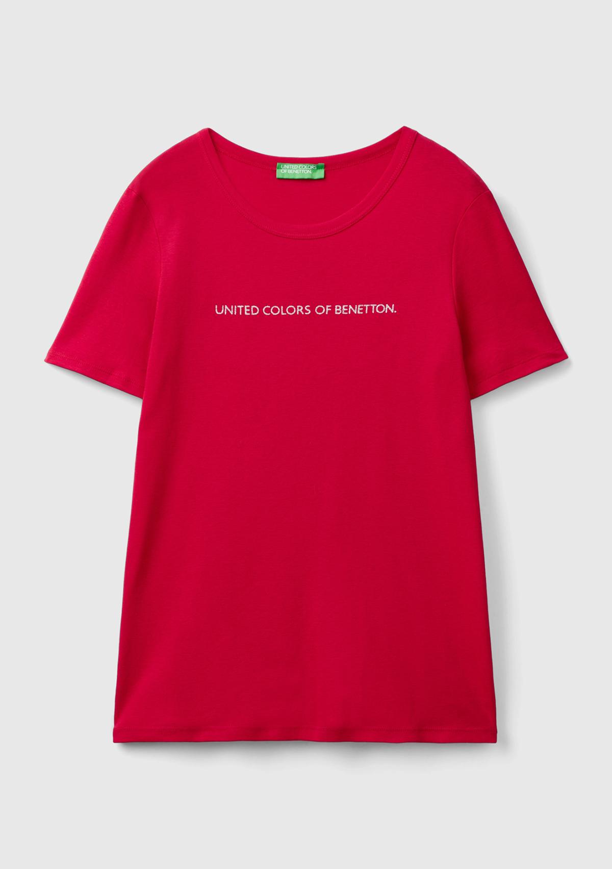 Kadın Kırmızı %100 Koton Benetton Yazılı Basic T-Shirt