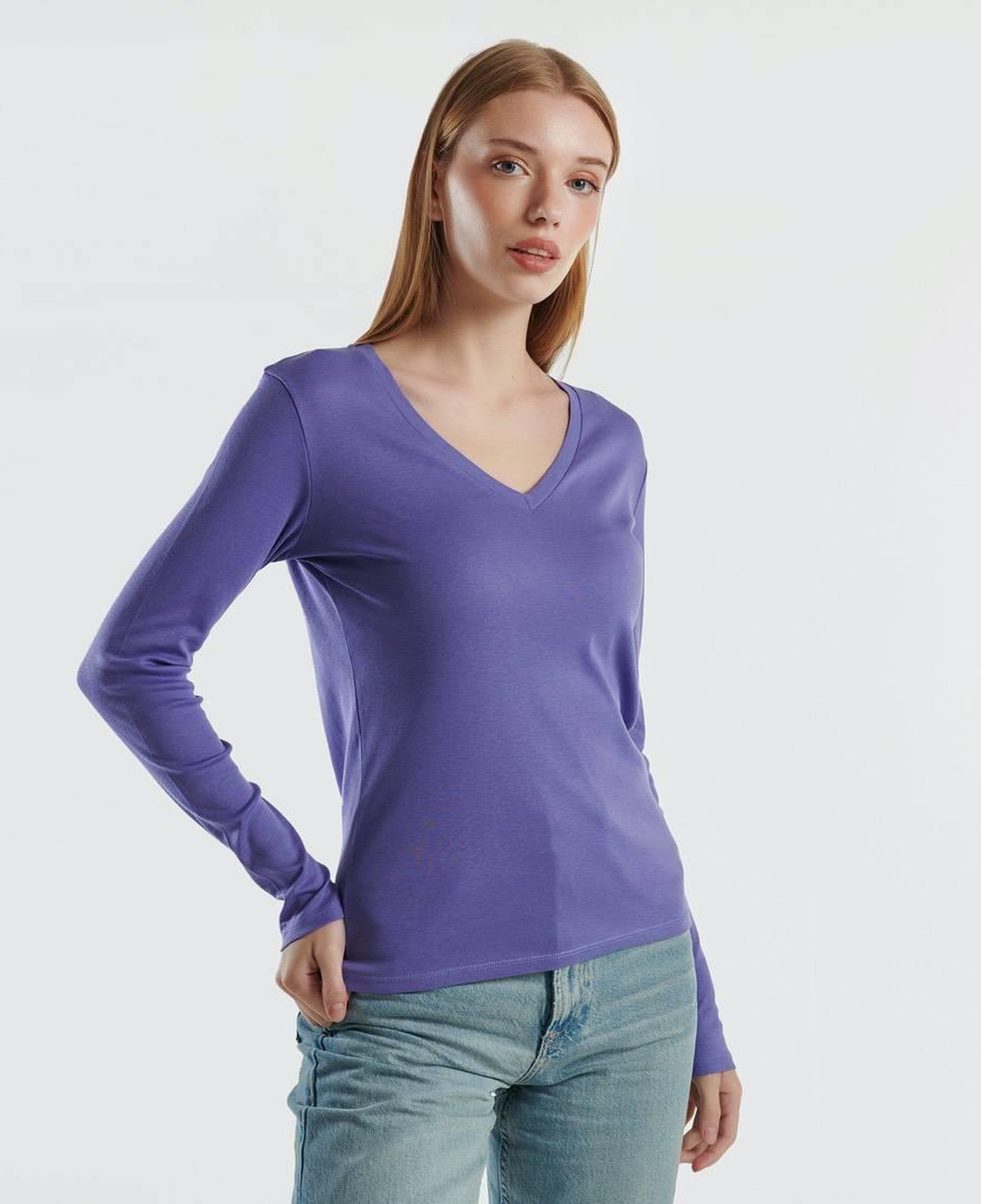 Kadın Mor Basic V Yaka Uzun Kollu T-Shirt
