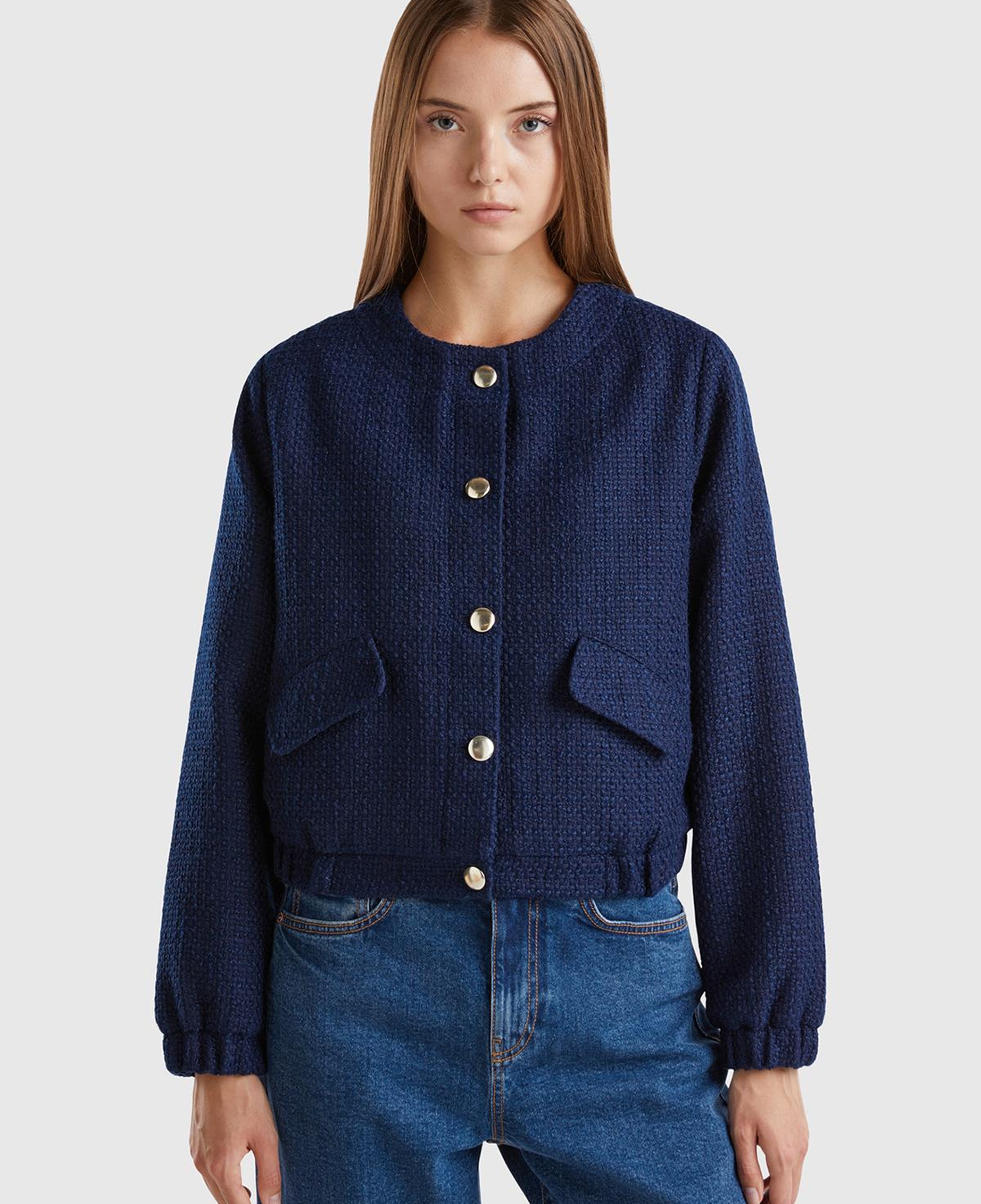 Kadın Lacivert Önü Düğmeli Kapaklı Cep Tasarımı Yuvarlak Yaka Bomber Ceket