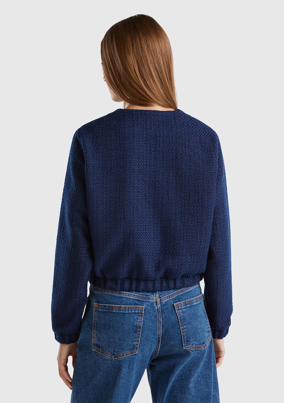 Kadın Lacivert Önü Düğmeli Kapaklı Cep Tasarımı Yuvarlak Yaka Bomber Ceket