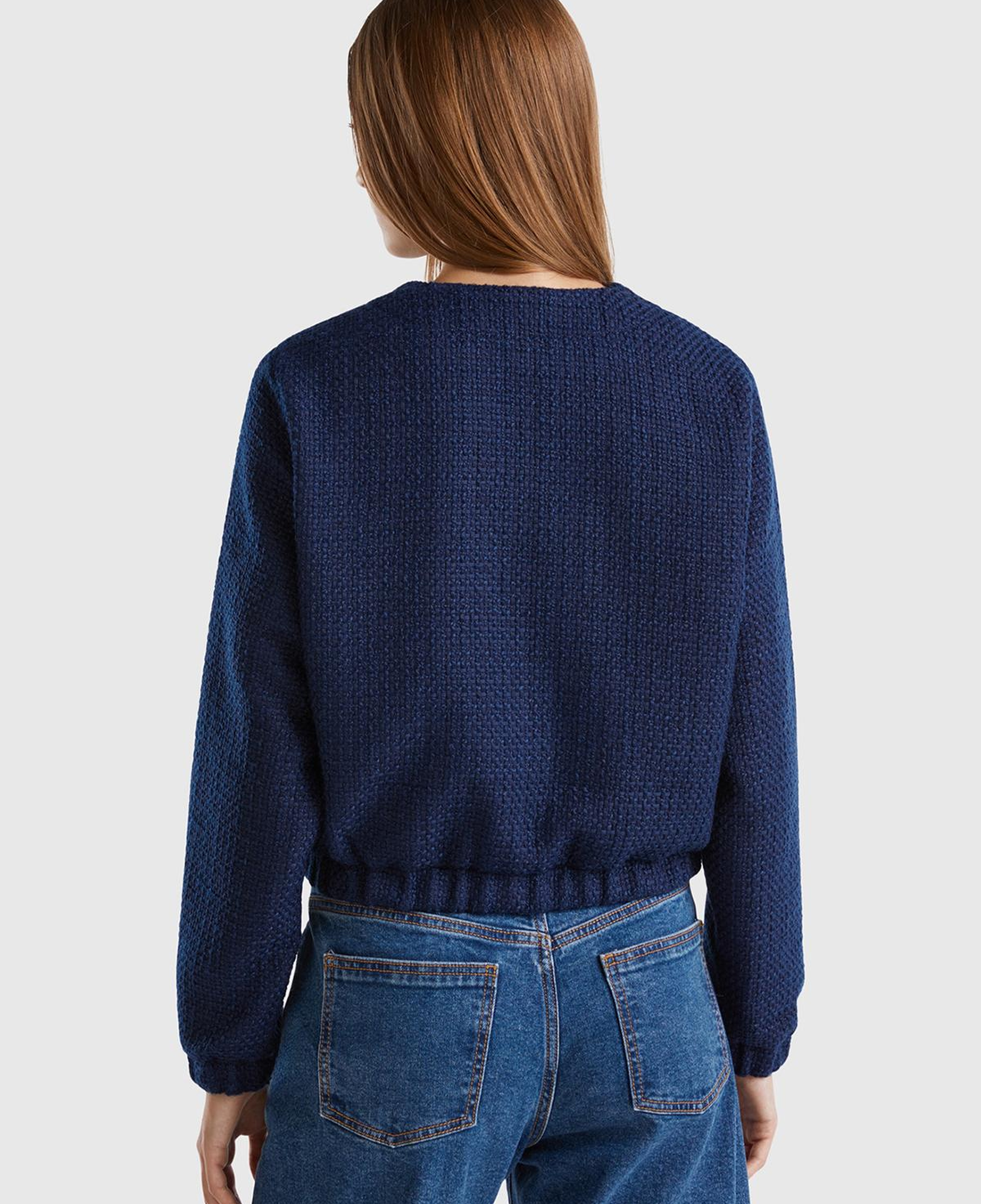 Kadın Lacivert Önü Düğmeli Kapaklı Cep Tasarımı Yuvarlak Yaka Bomber Ceket