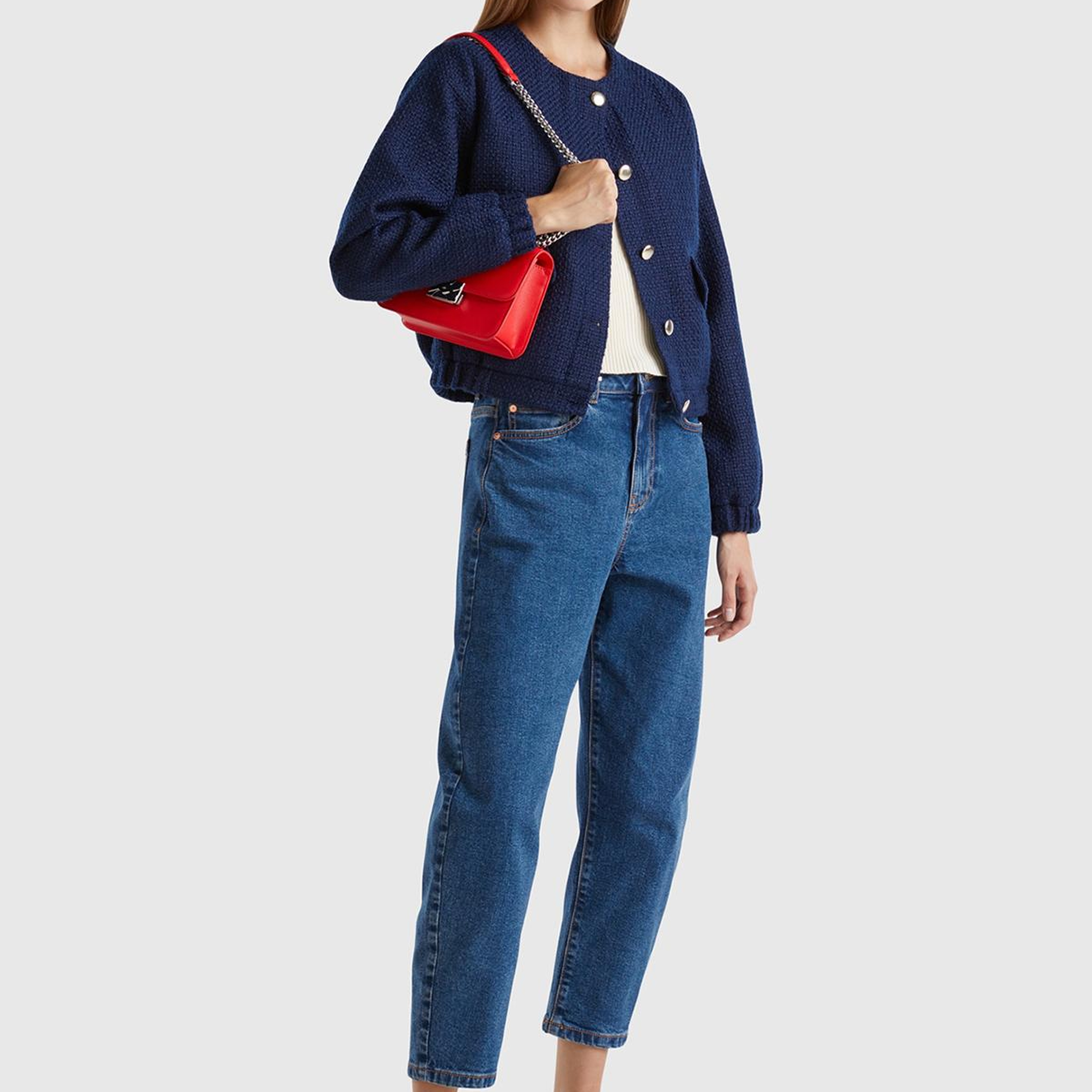 Kadın Lacivert Önü Düğmeli Kapaklı Cep Tasarımı Yuvarlak Yaka Bomber Ceket