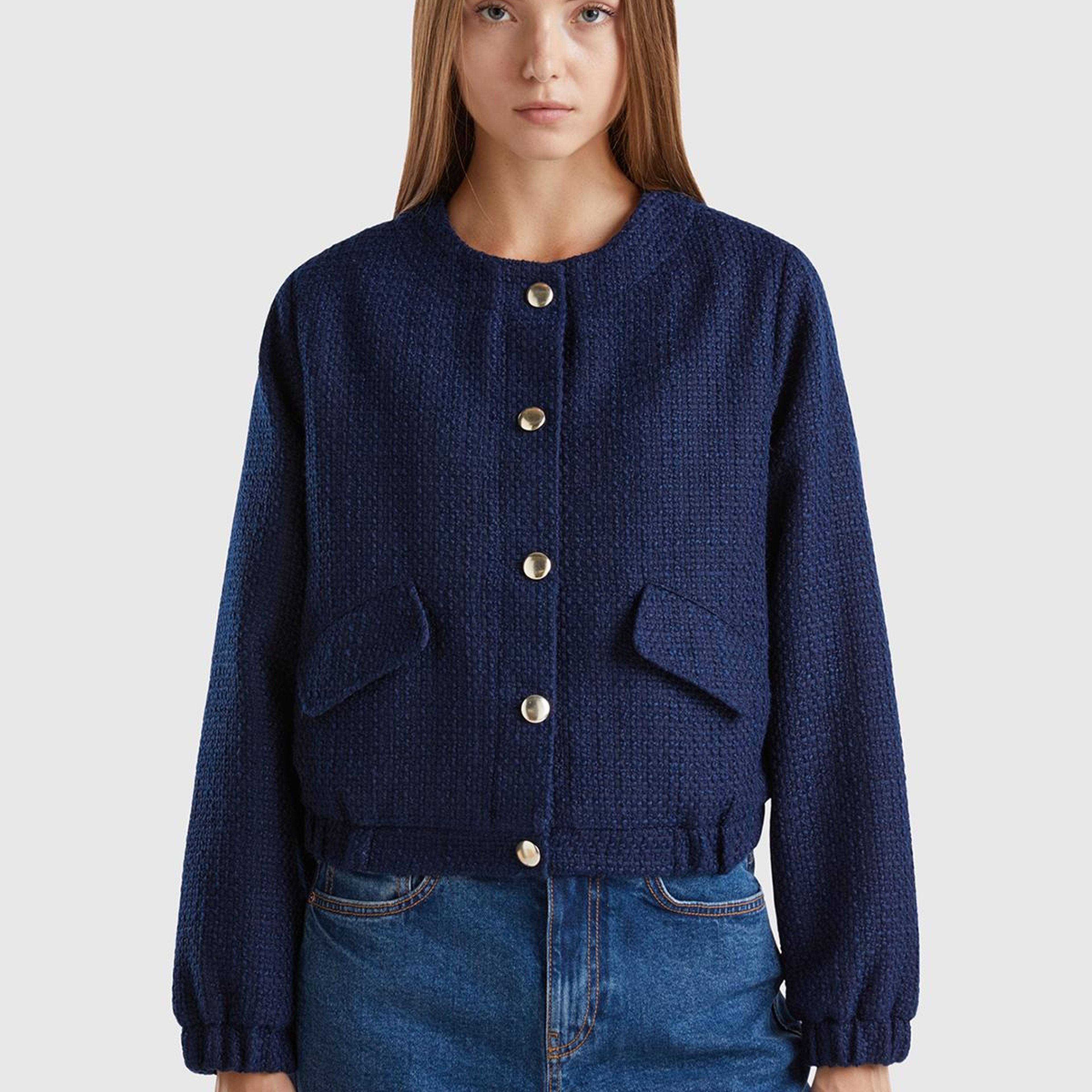 Kadın Lacivert Önü Düğmeli Kapaklı Cep Tasarımı Yuvarlak Yaka Bomber Ceket