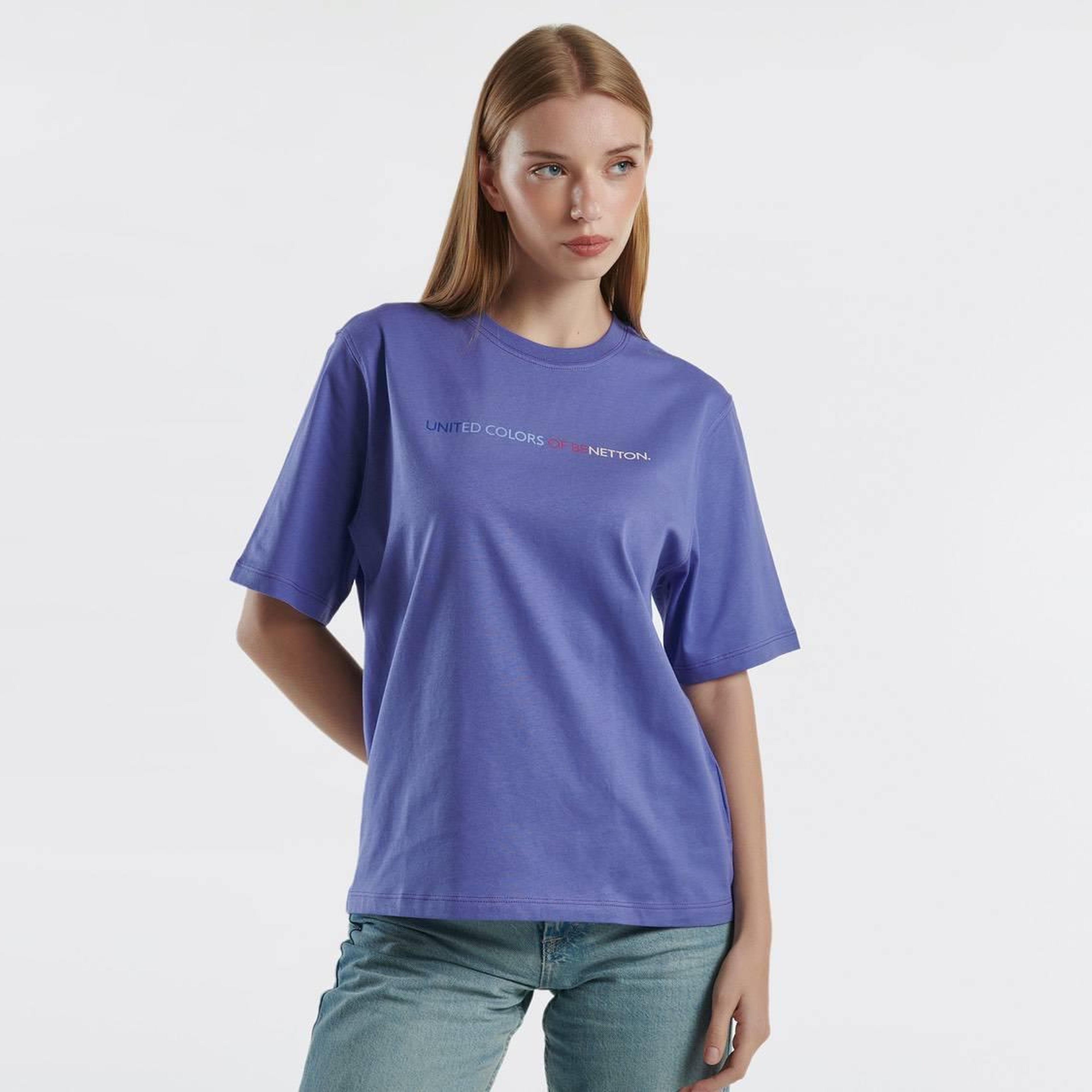 Kadın Mor %100 Pamuk Önü Logolu Kısa Kollu Yuvarlak Yaka T-Shirt