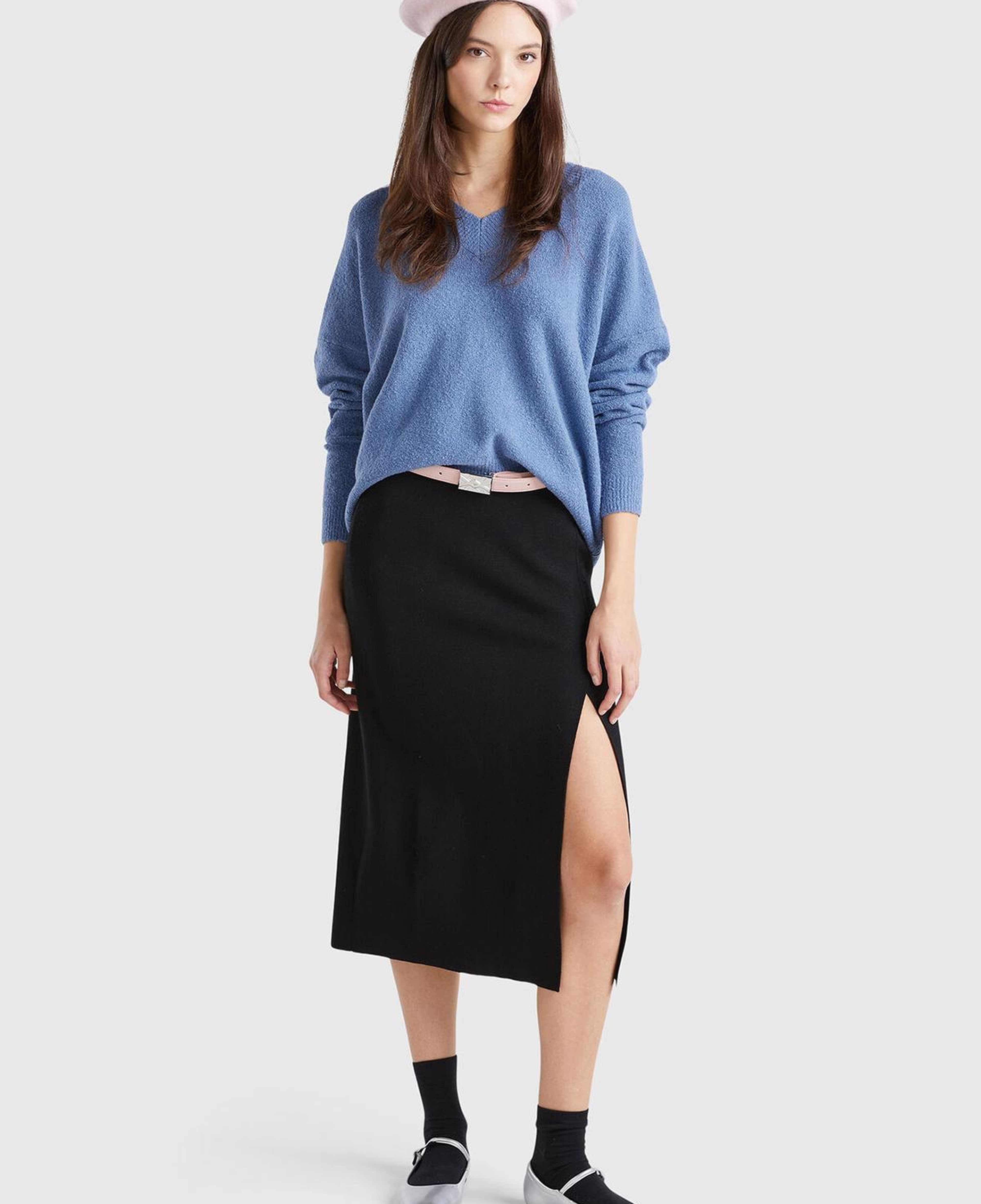 Kadın Siyah Viskoz Karışımlı Önü Yırtmaçlı Beli Elastik Midi Etek