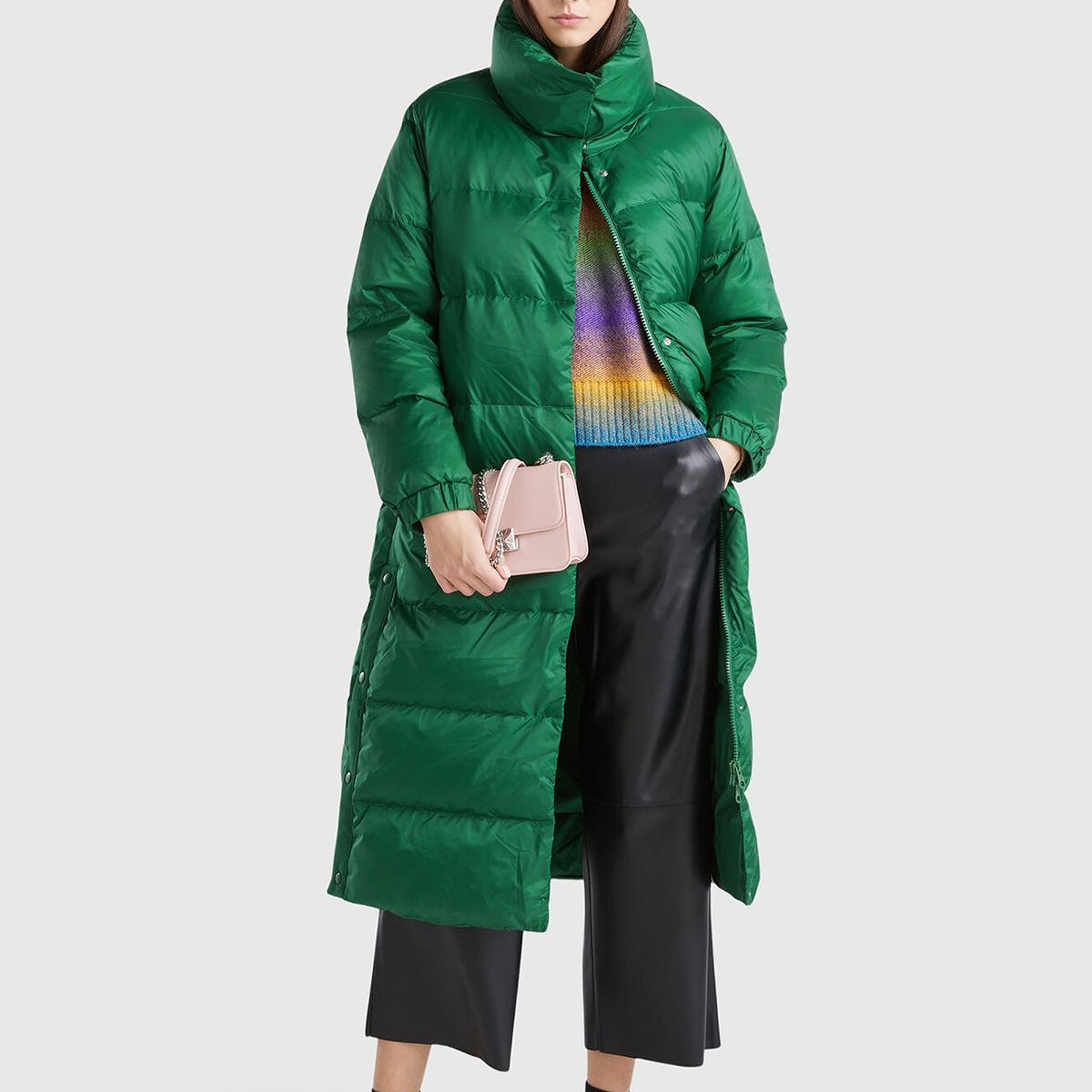 Kadın Yeşil Kaz Tüyü Dolgulu Düğme Kapamalı Yüksek Yaka Uzun Şişme Mont