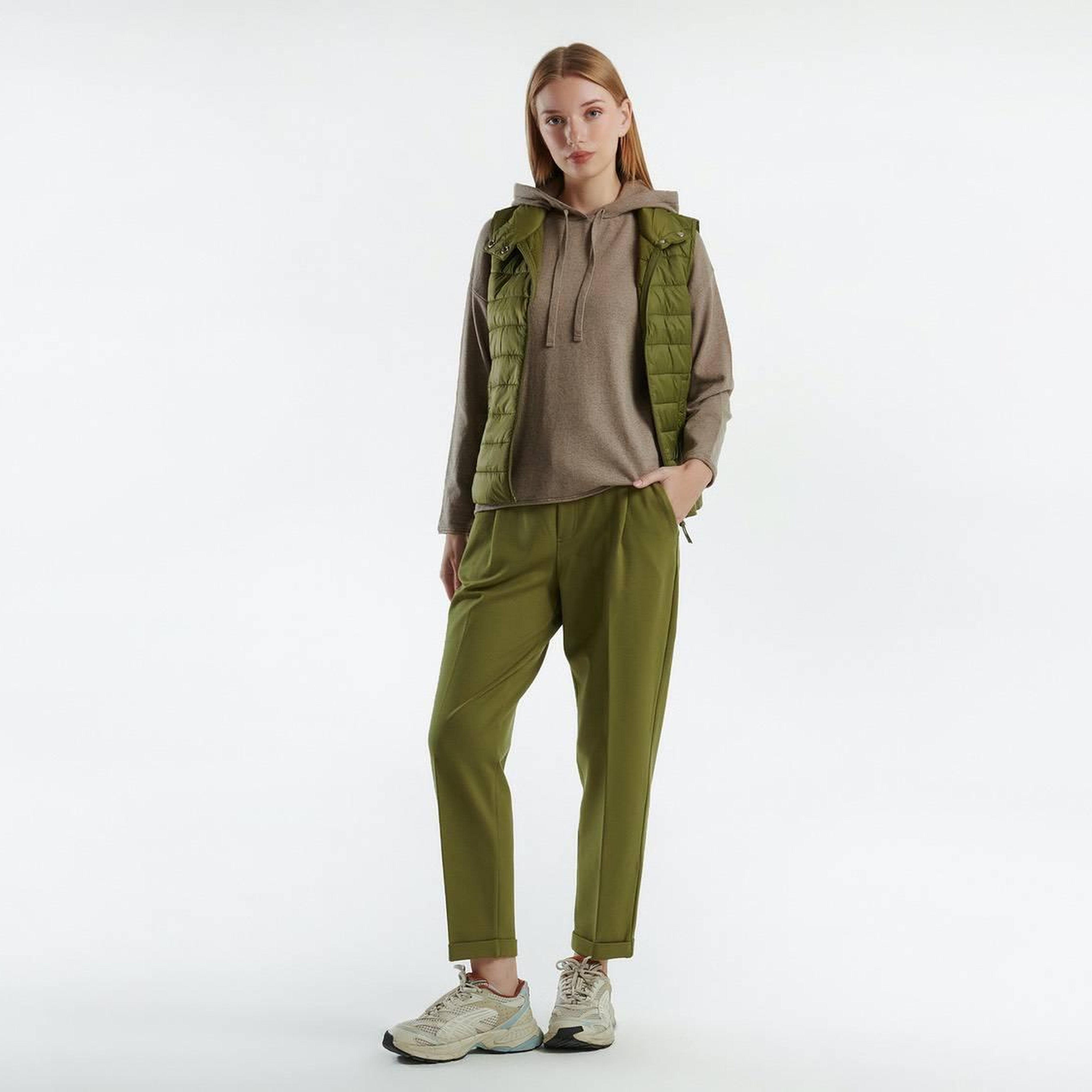 Kadın Haki Recycled Polyester Dolgulu  Pufa Yelek