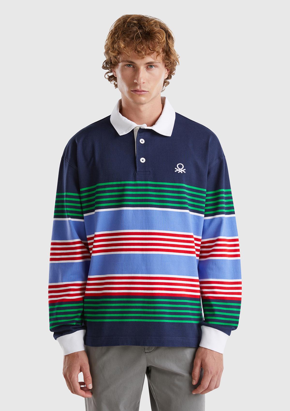 Erkek Lacivert Mix %100 Pamuk Şerit Çizgi Desenli Düğmeli Polo Yaka T-Shirt