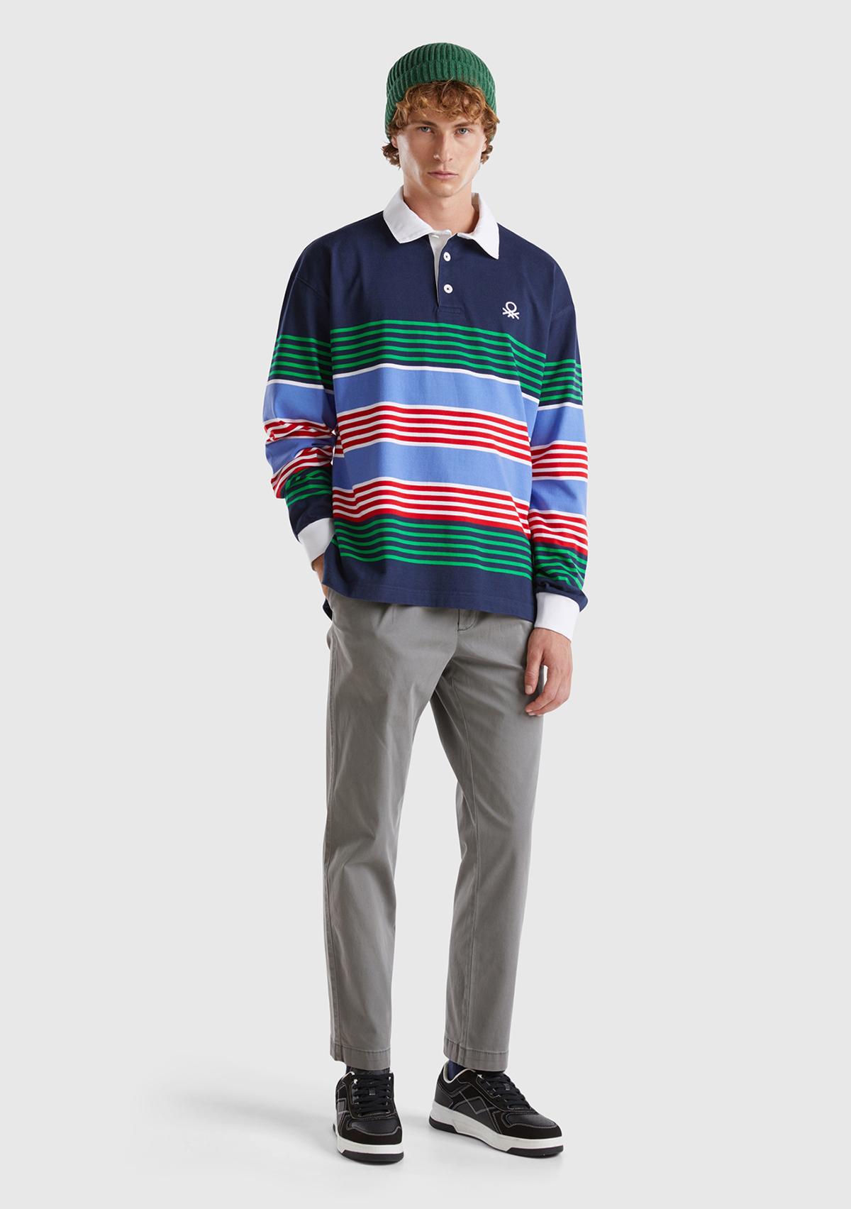 Erkek Lacivert Mix %100 Pamuk Şerit Çizgi Desenli Düğmeli Polo Yaka T-Shirt