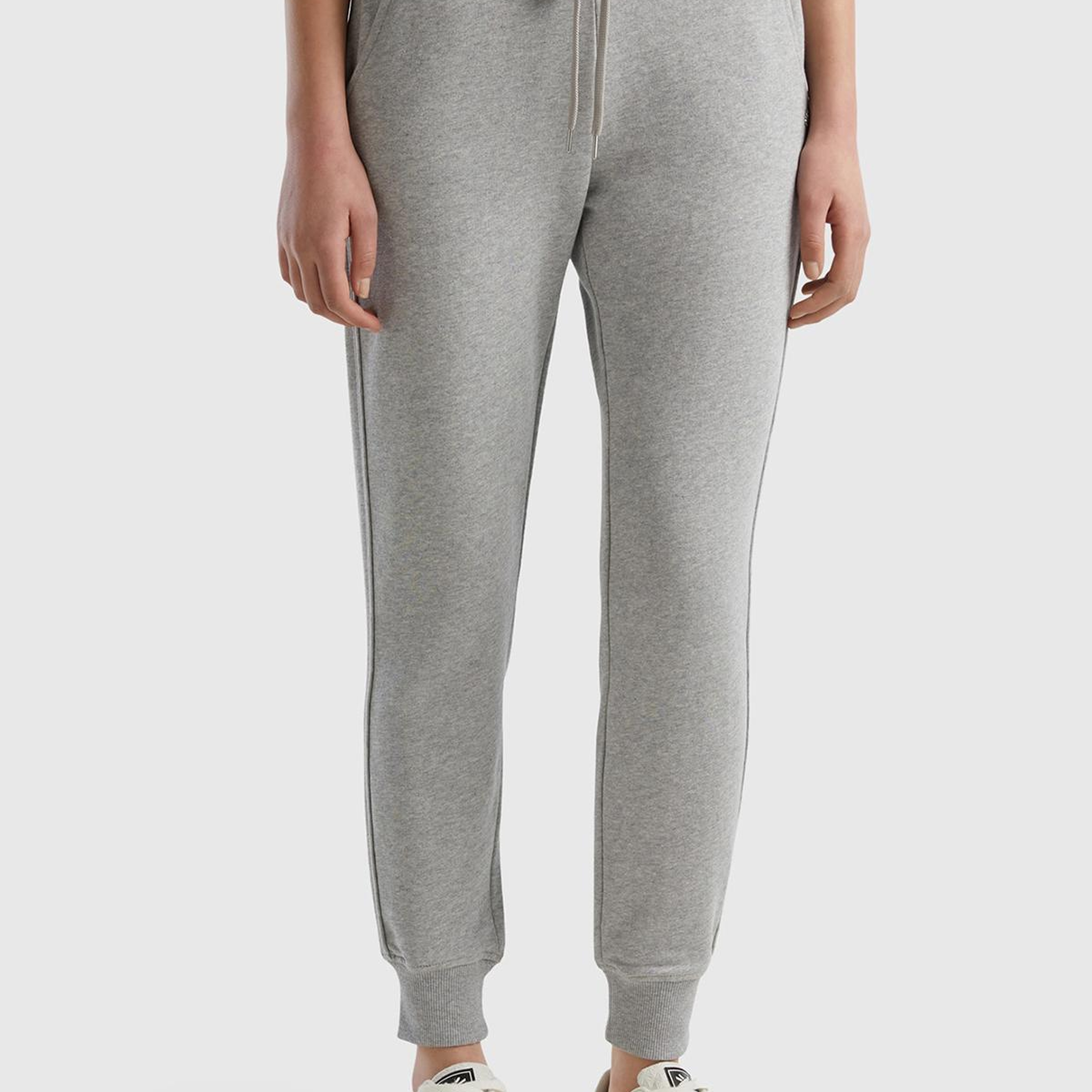 Kadın Gri Melanj %100 Pamuk Yanları Cepli Beli Büzgülü Jogger Eşofman Altı
