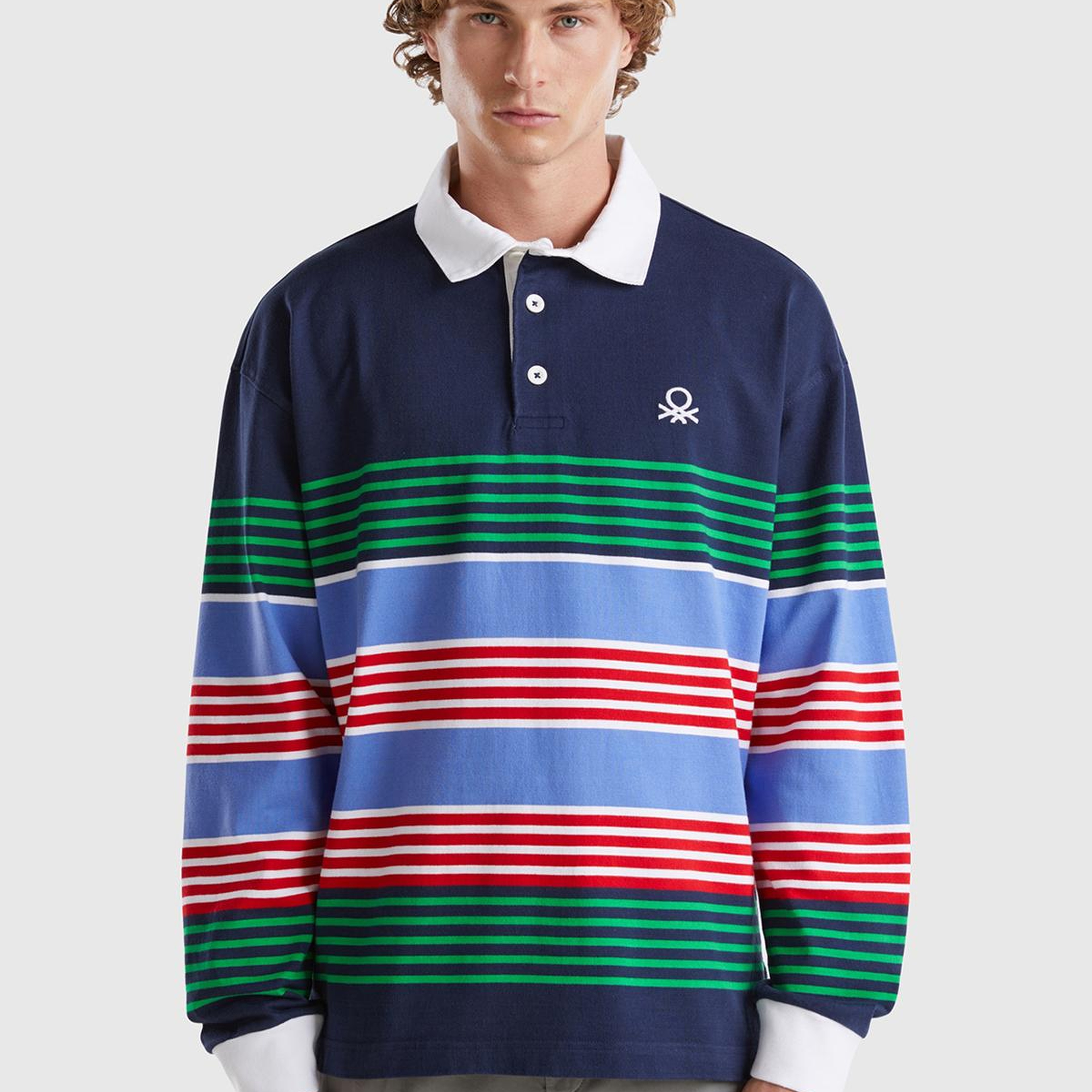 Erkek Lacivert Mix %100 Pamuk Şerit Çizgi Desenli Düğmeli Polo Yaka T-Shirt