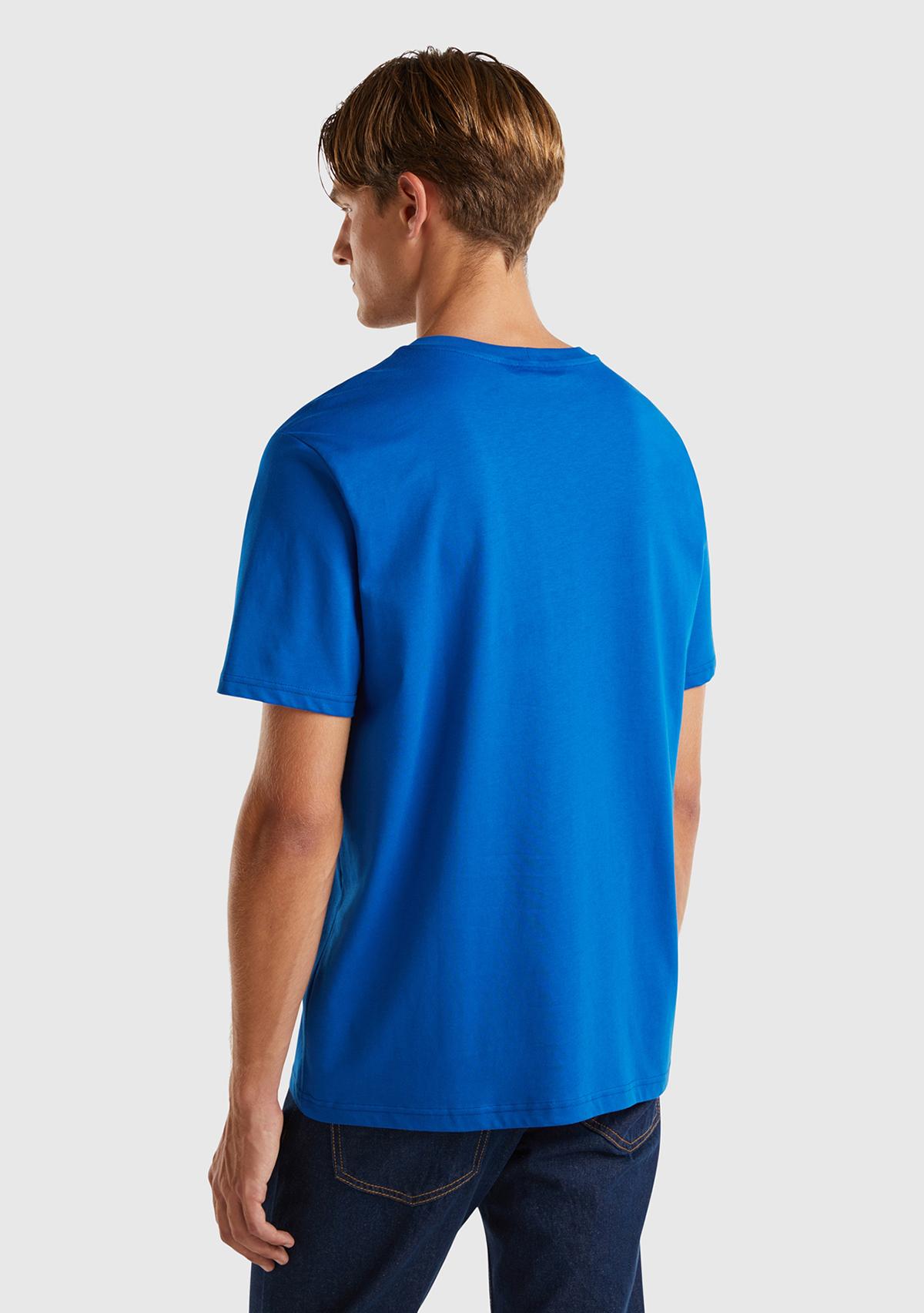 Erkek Saks Mavi %100 Koton Benetton Logolu Bisiklet Yaka T-Shirt