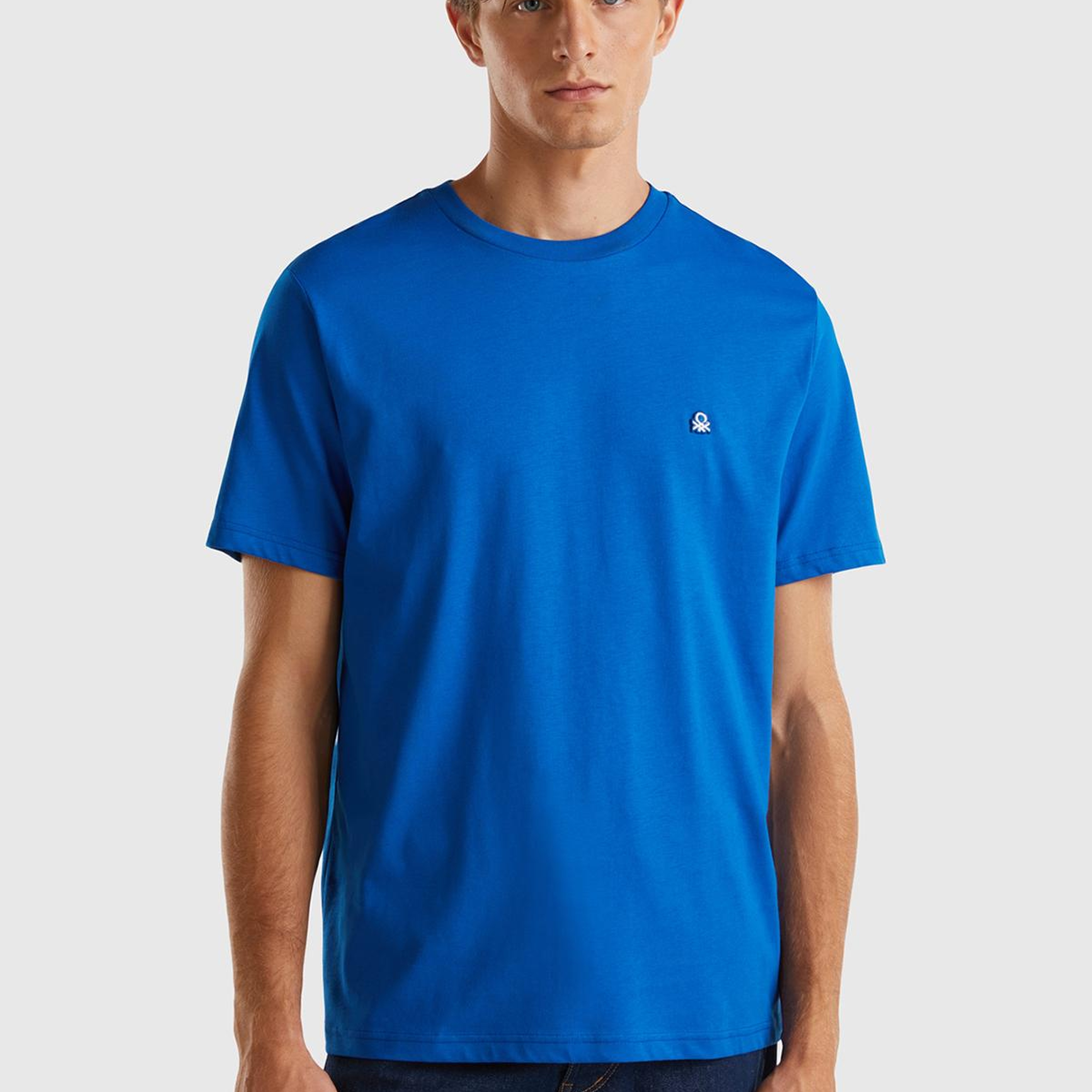 Erkek Saks Mavi %100 Koton Benetton Logolu Bisiklet Yaka T-Shirt