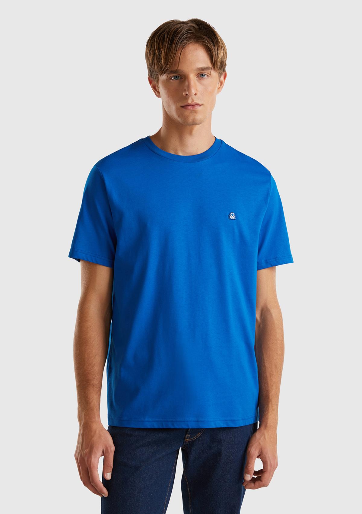 Erkek Saks Mavi %100 Koton Benetton Logolu Bisiklet Yaka T-Shirt