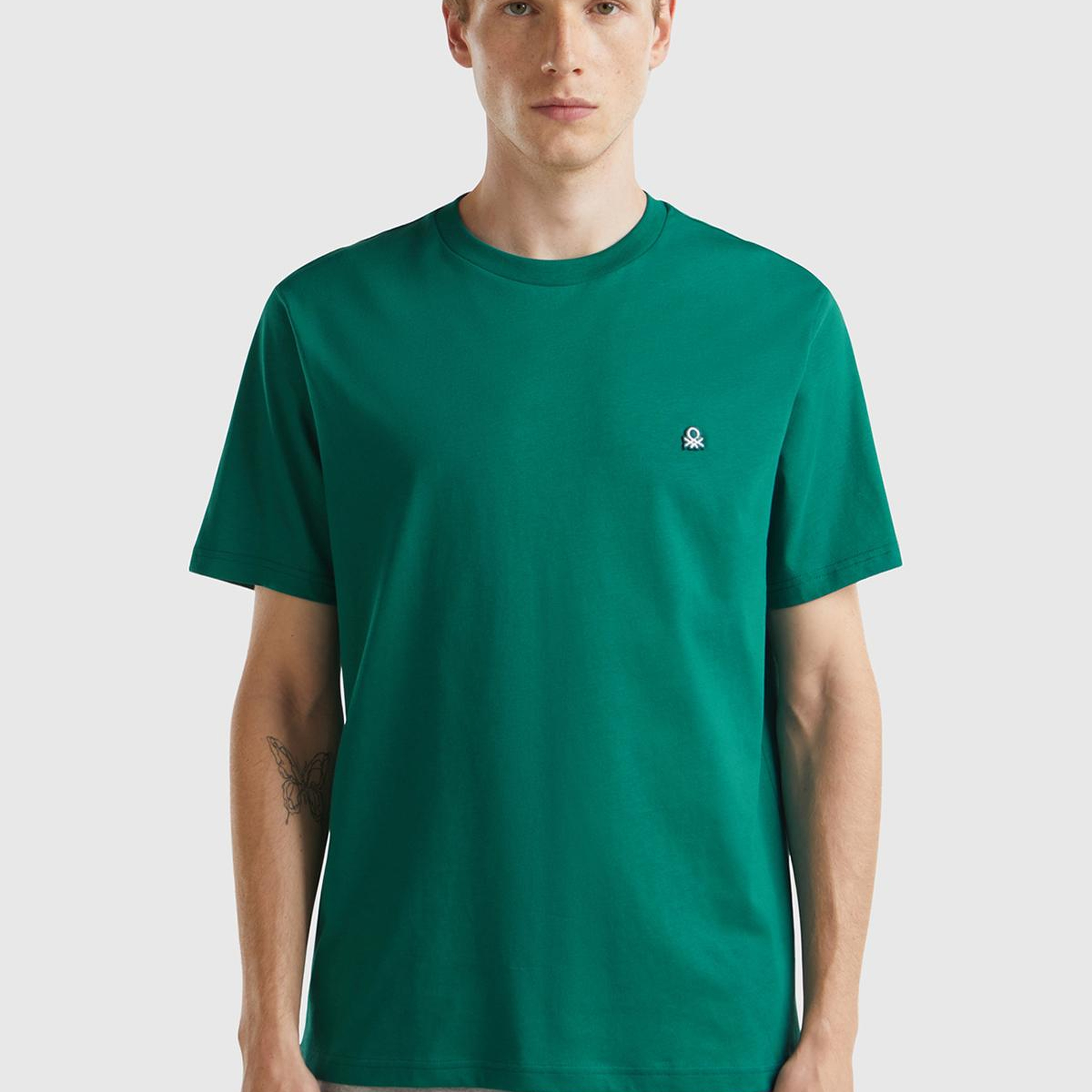 Erkek Koyu Yeşil %100 Koton Benetton Logolu Bisiklet Yaka T-Shirt