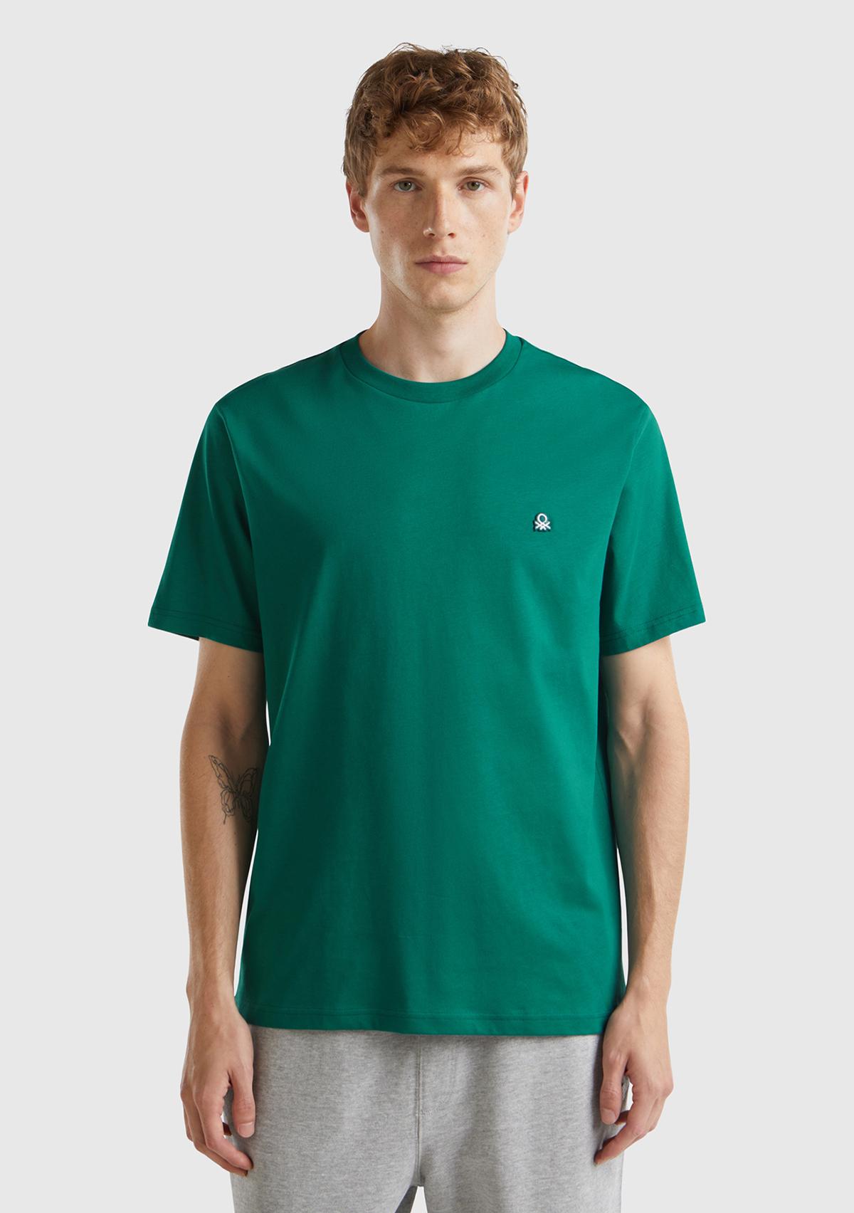 Erkek Koyu Yeşil %100 Koton Benetton Logolu Bisiklet Yaka T-Shirt