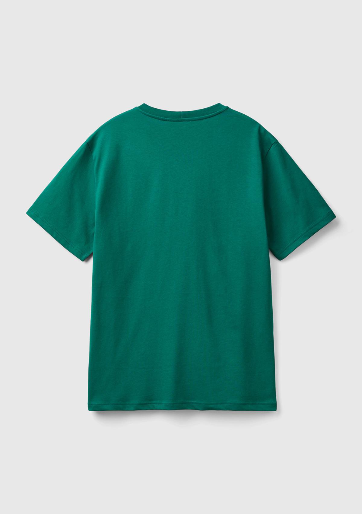 Erkek Koyu Yeşil %100 Koton Benetton Logolu Bisiklet Yaka T-Shirt