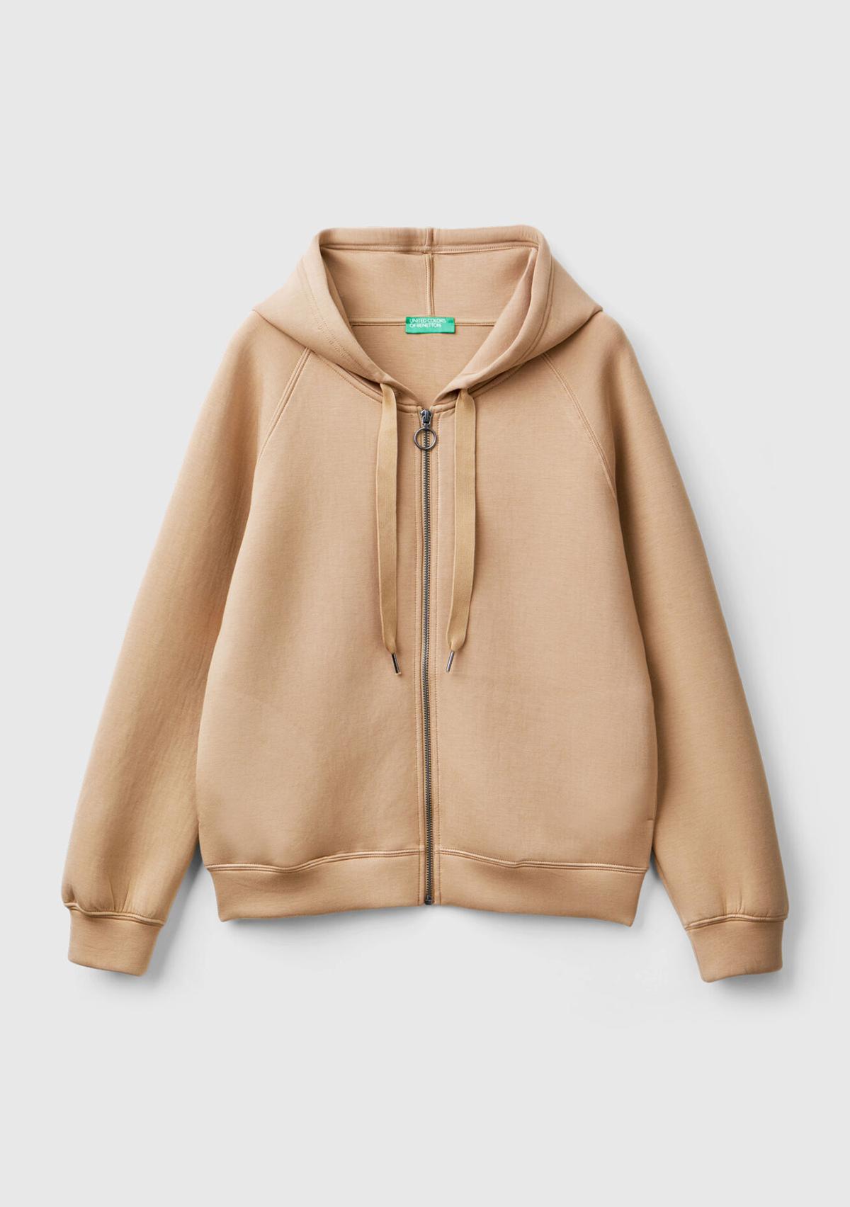 Kadın Bej Viskoz Karışımlı Büzgü İpli Kapüşonlu Fermuarlı Sweatshirt