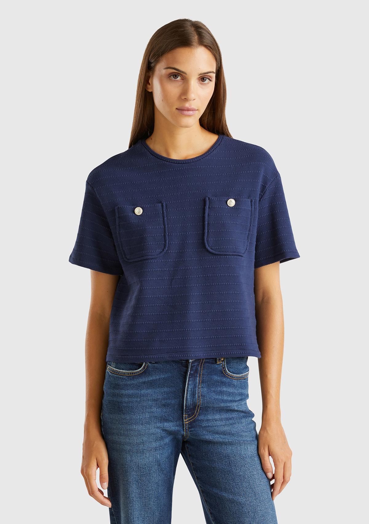 Kadın Lacivert Pamuk Karışımlı Önü Cep Detaylı Yuvarlak Yaka Kısa T-Shirt