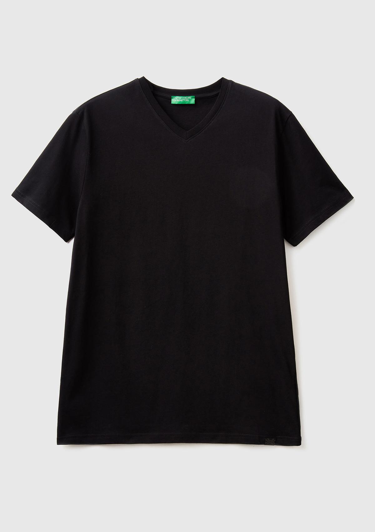 Erkek Siyah %100 Koton V Yaka Basic T-Shirt