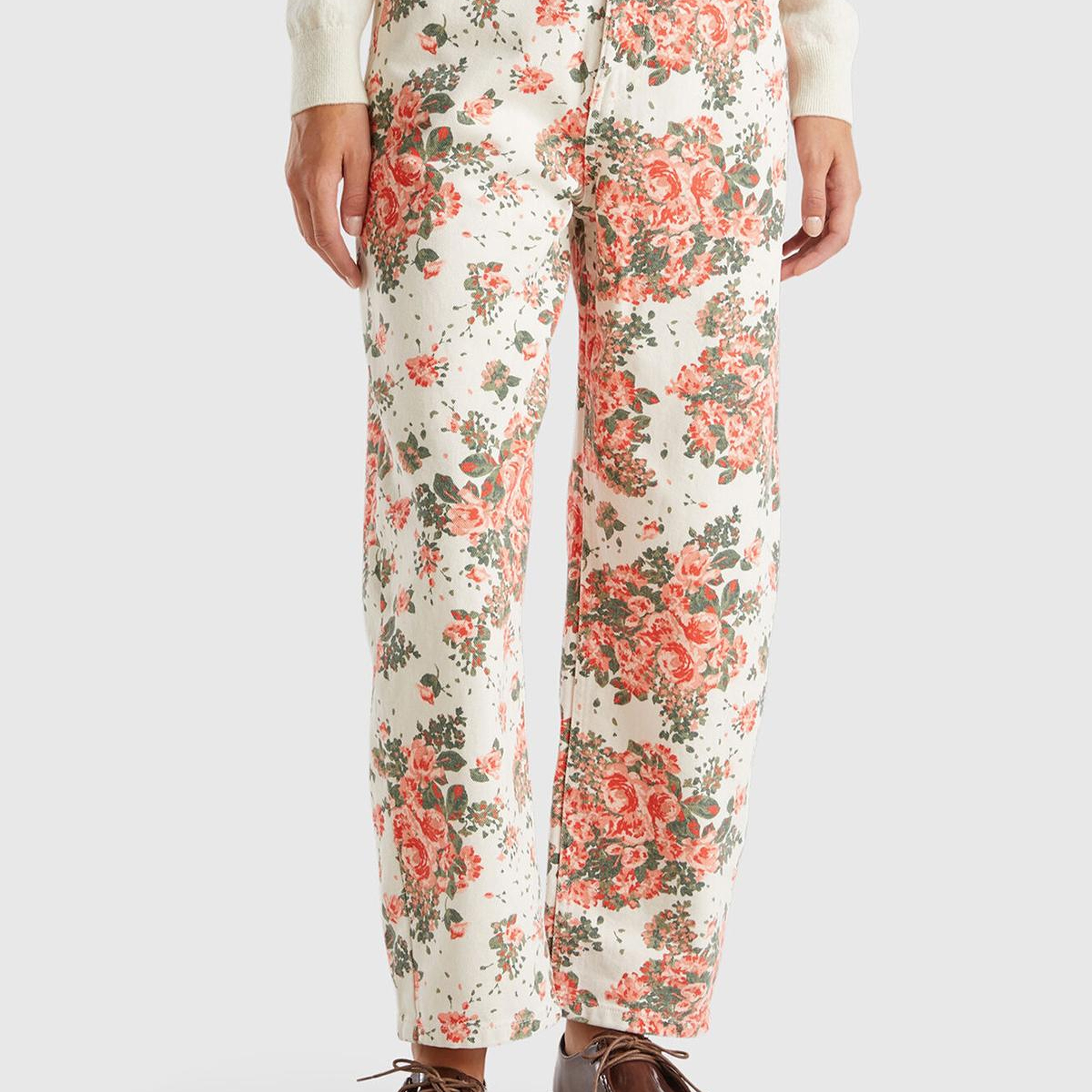 Kadın Beyaz %100 Pamuk Tamamı Çiçek Desenli 5 Cepli Balon Pantolon