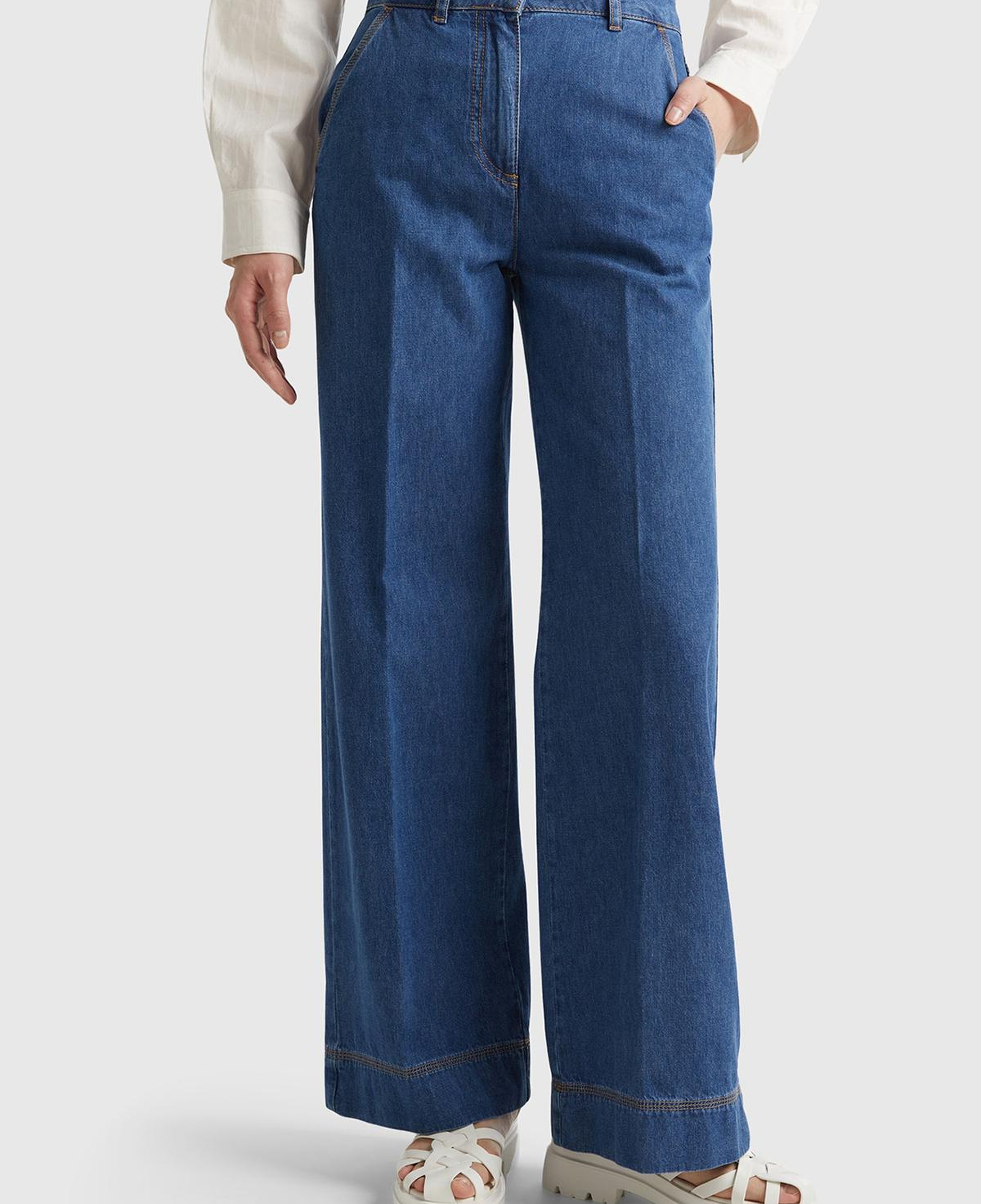 Kadın İndigo Bol Paça Denim Chino Pantolon