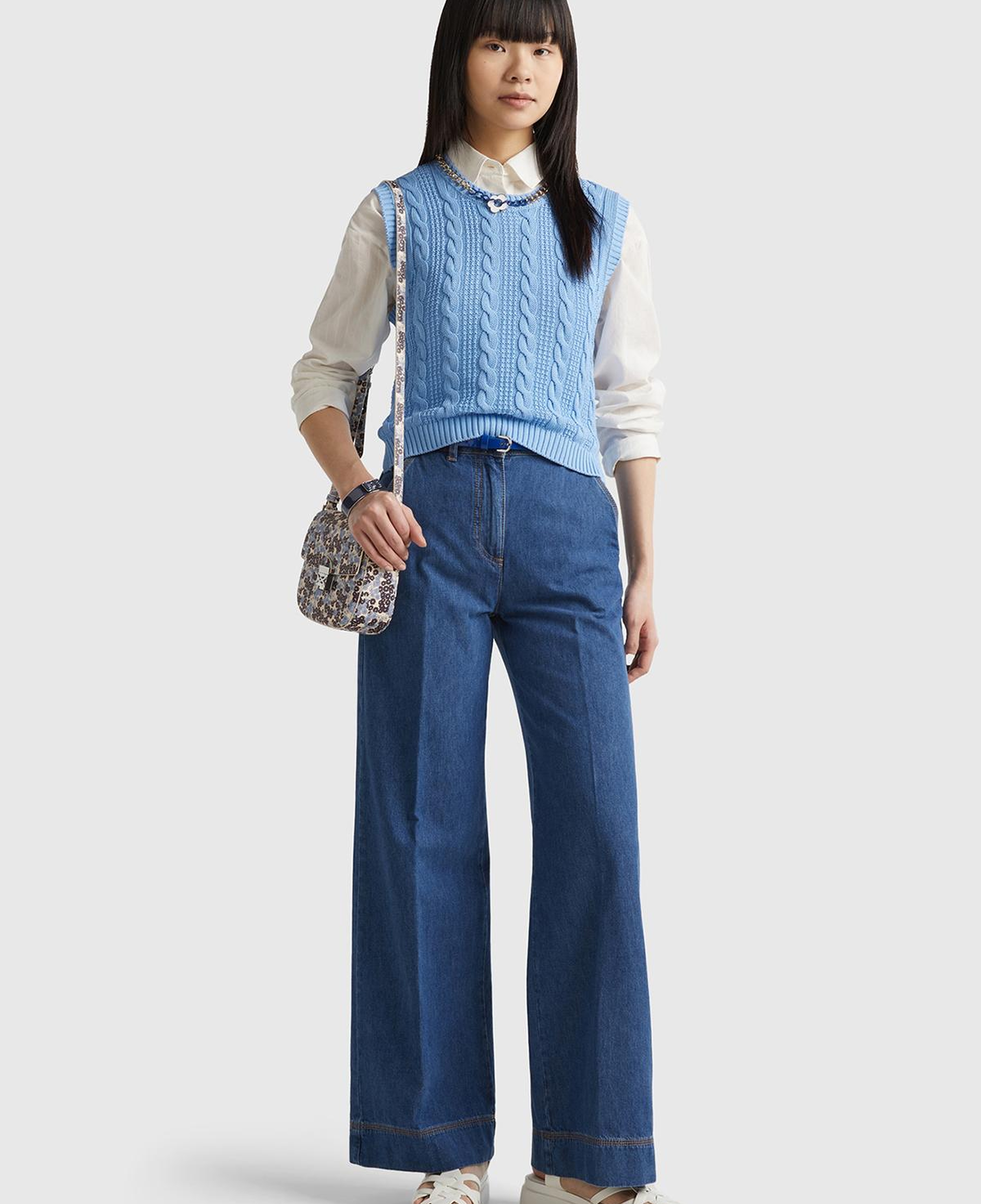 Kadın İndigo Bol Paça Denim Chino Pantolon