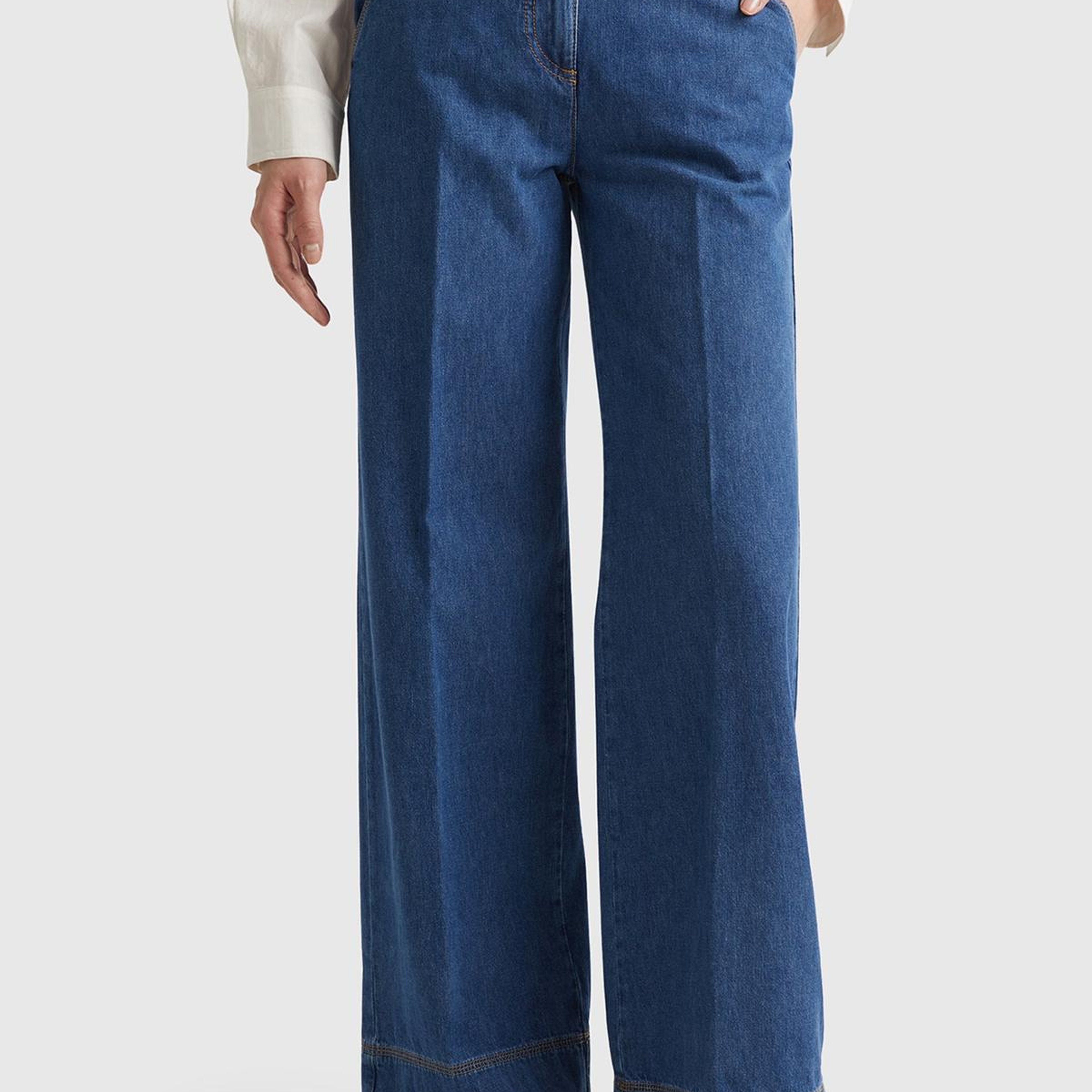 Kadın İndigo Bol Paça Denim Chino Pantolon