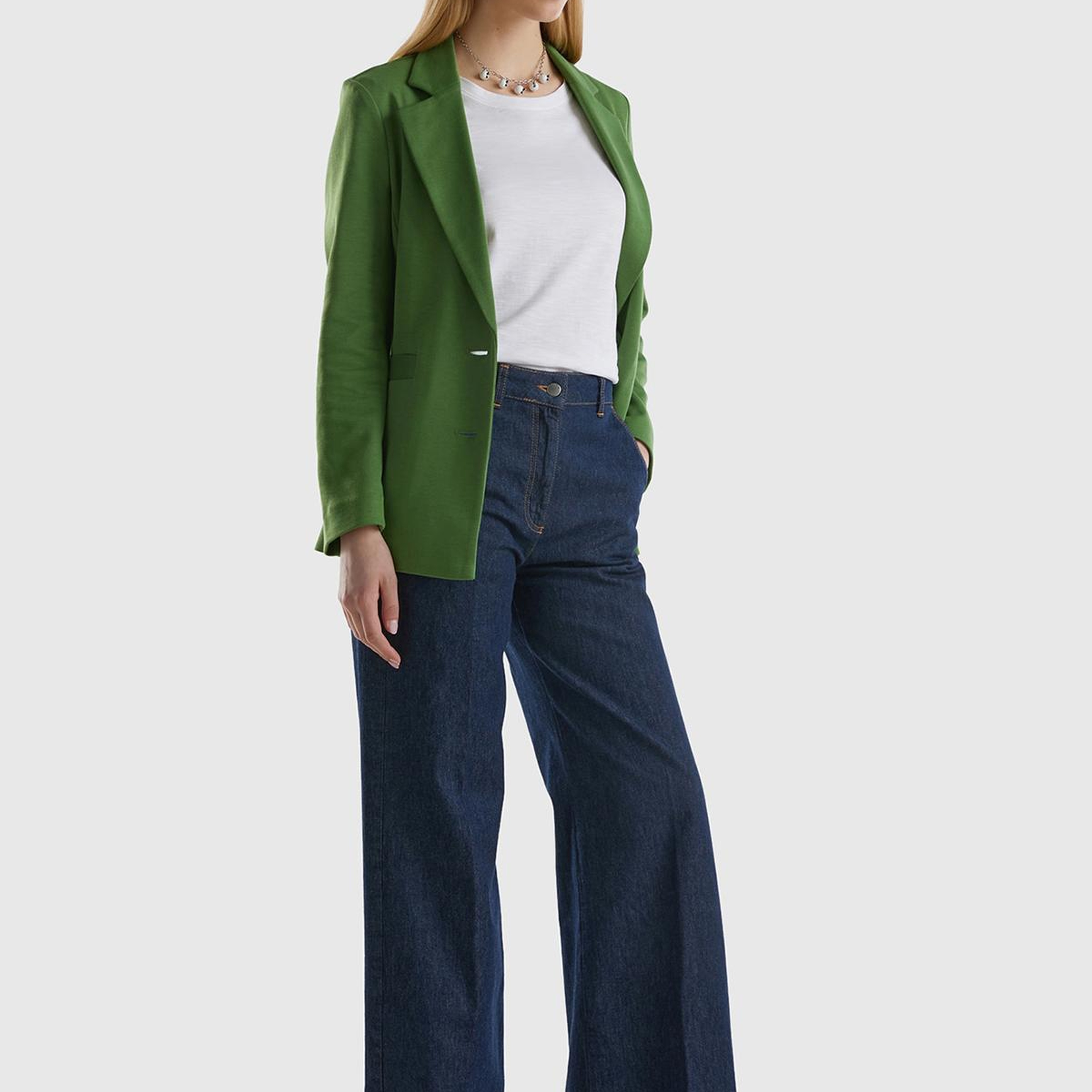 Kadın Mavi Bol Paça Denim Chino Pantolon