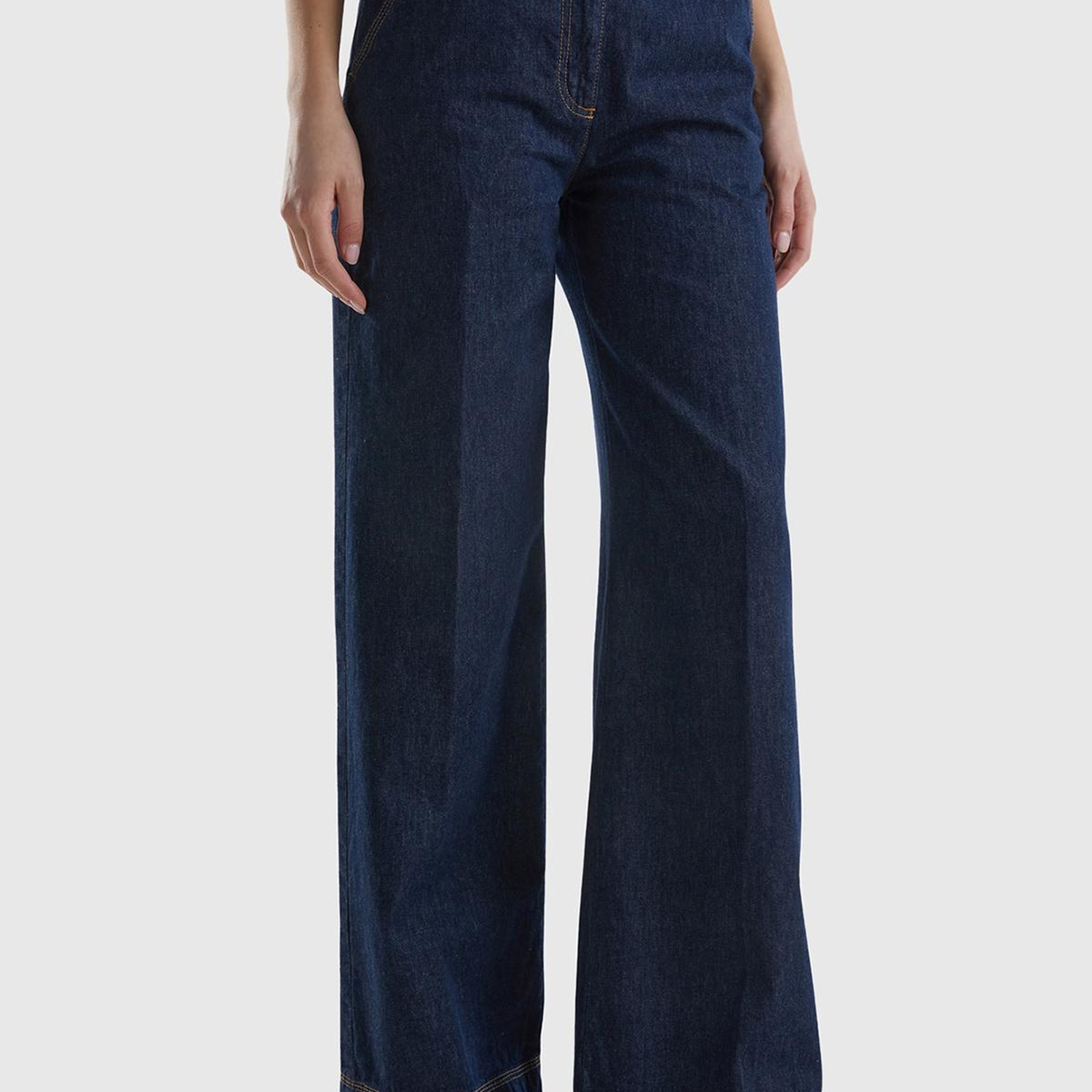 Kadın Mavi Bol Paça Denim Chino Pantolon