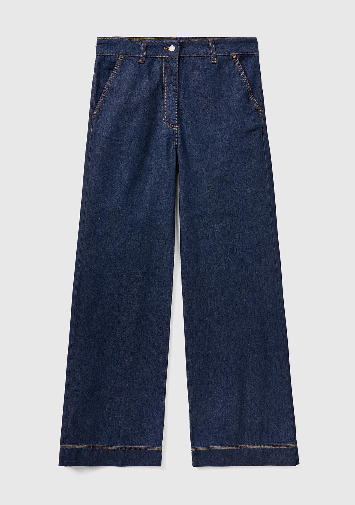 Kadın Mavi Bol Paça Denim Chino Pantolon