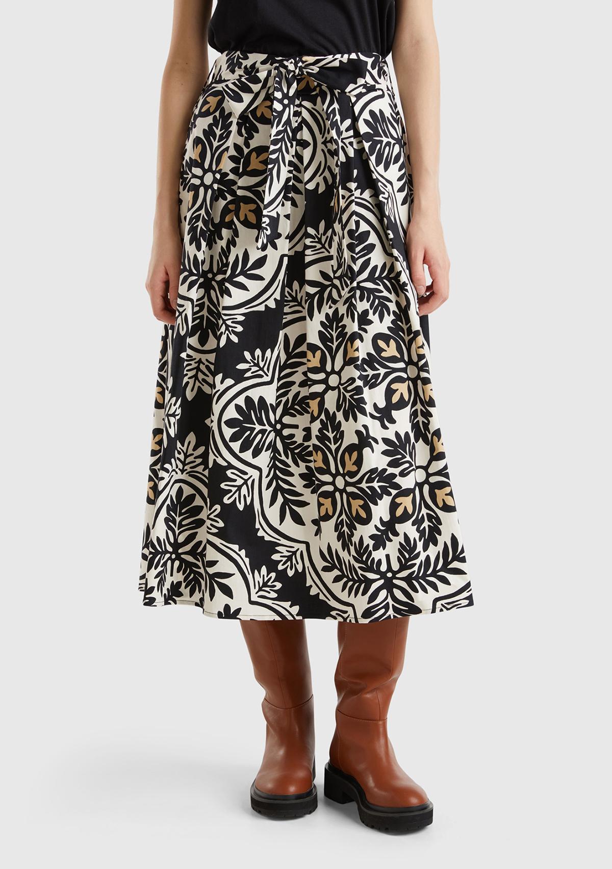 Kadın Gümüş Pamuk Karışımlı Beli Kemerli Tamamı Baskılı Midi Etek