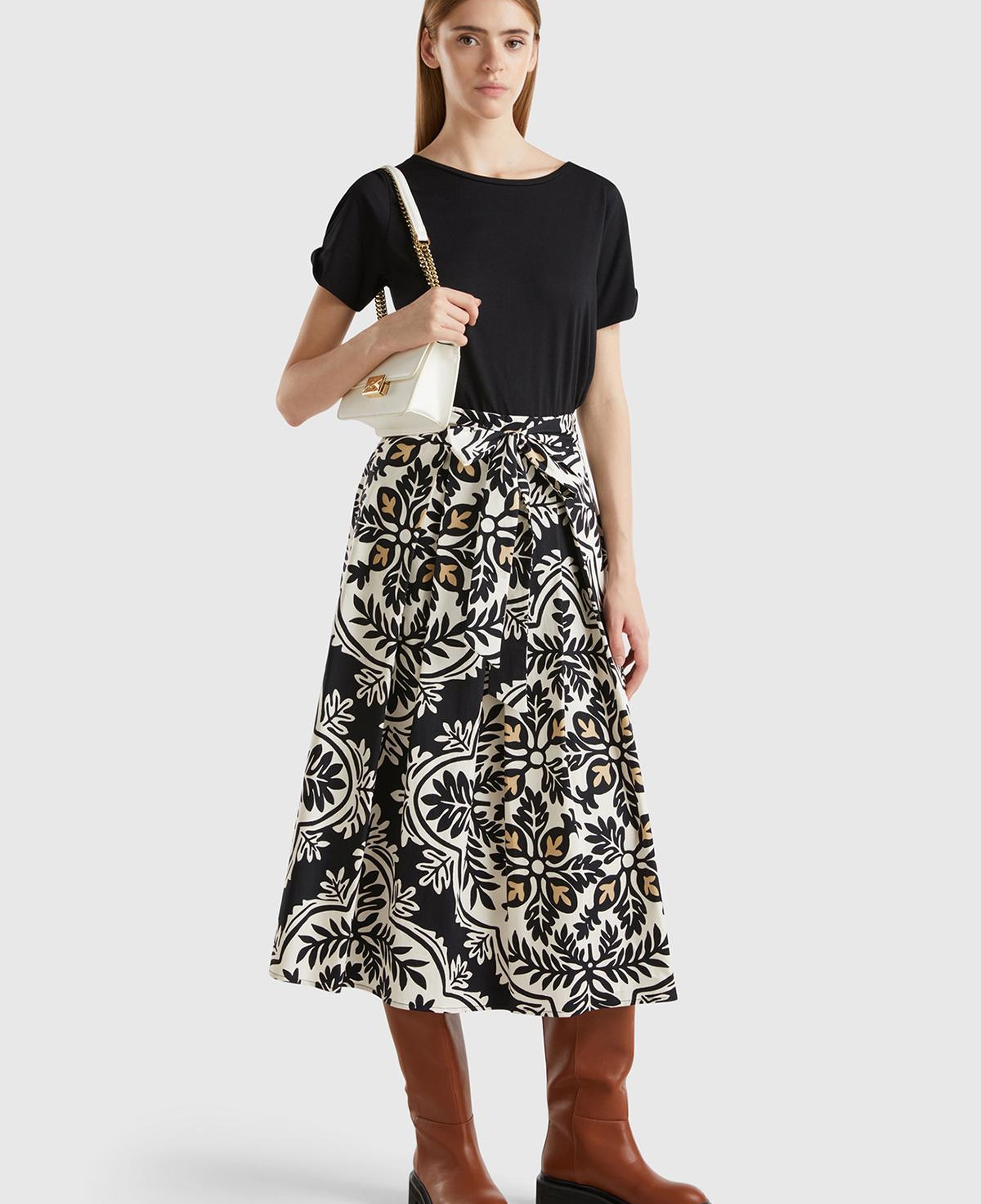 Kadın Gümüş Pamuk Karışımlı Beli Kemerli Tamamı Baskılı Midi Etek