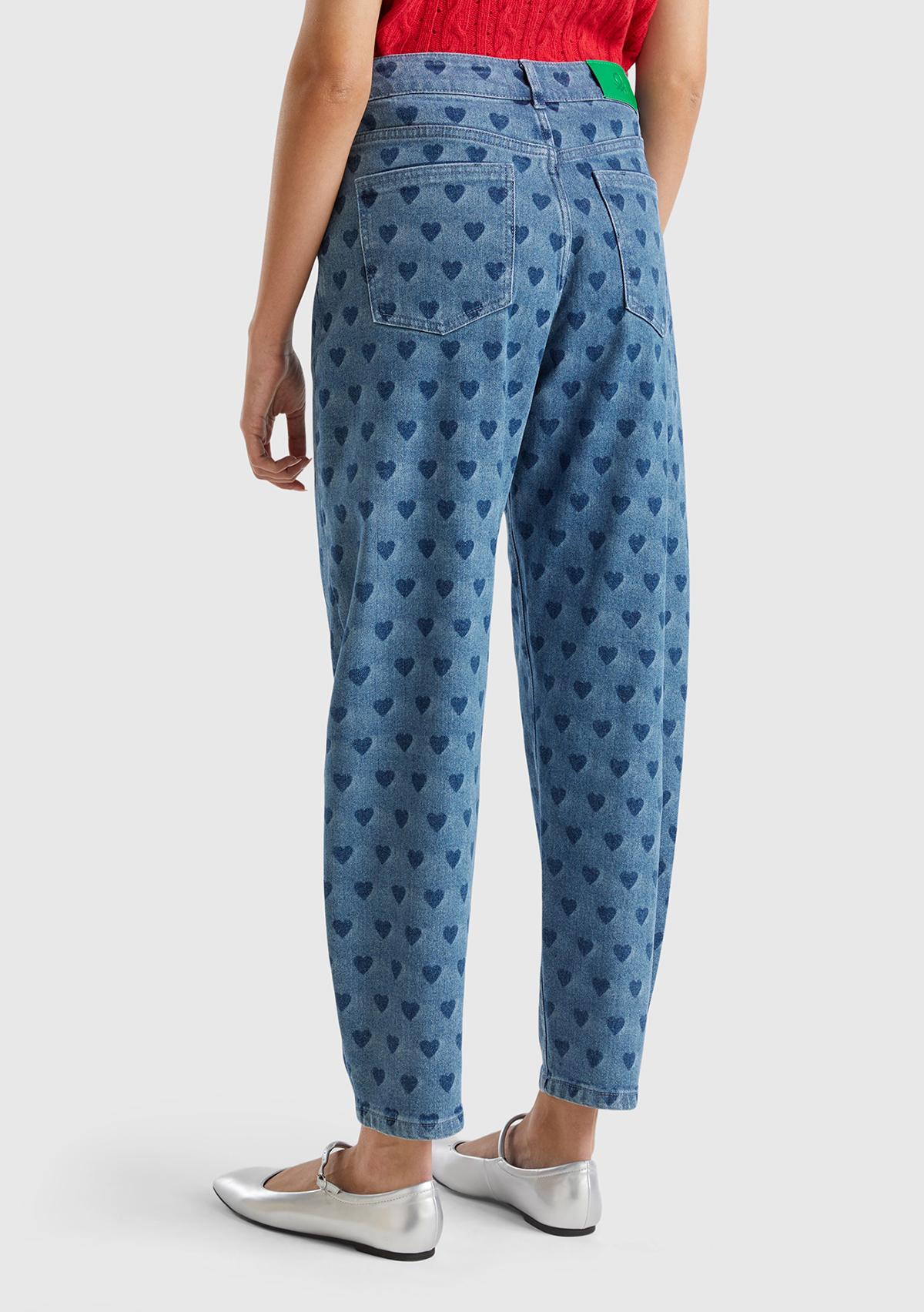 Kadın Mavi Pamuk Karışımlı Arkası Logo Etiketli Tamamı Desenli Pantolon