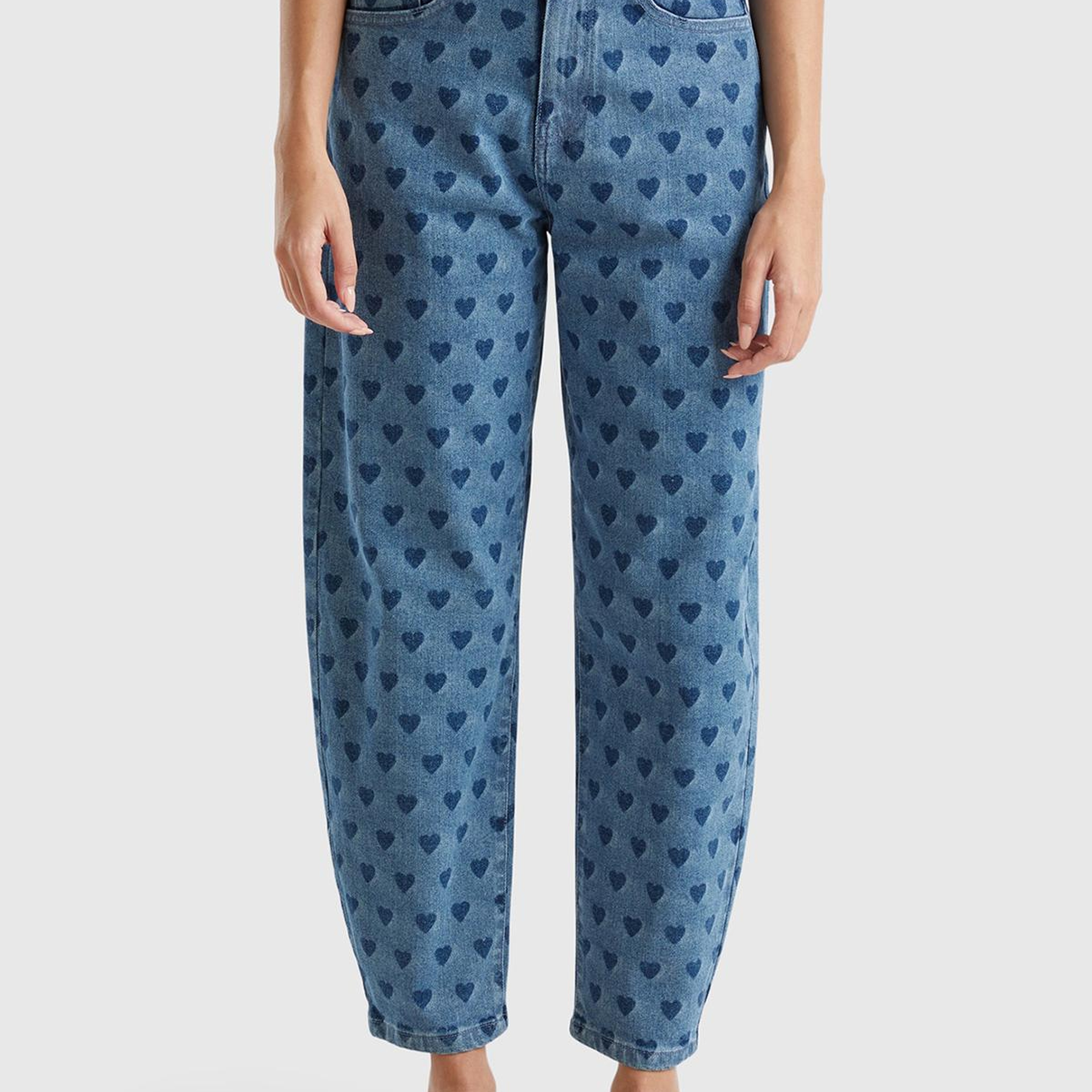 Kadın Mavi Pamuk Karışımlı Arkası Logo Etiketli Tamamı Desenli Pantolon